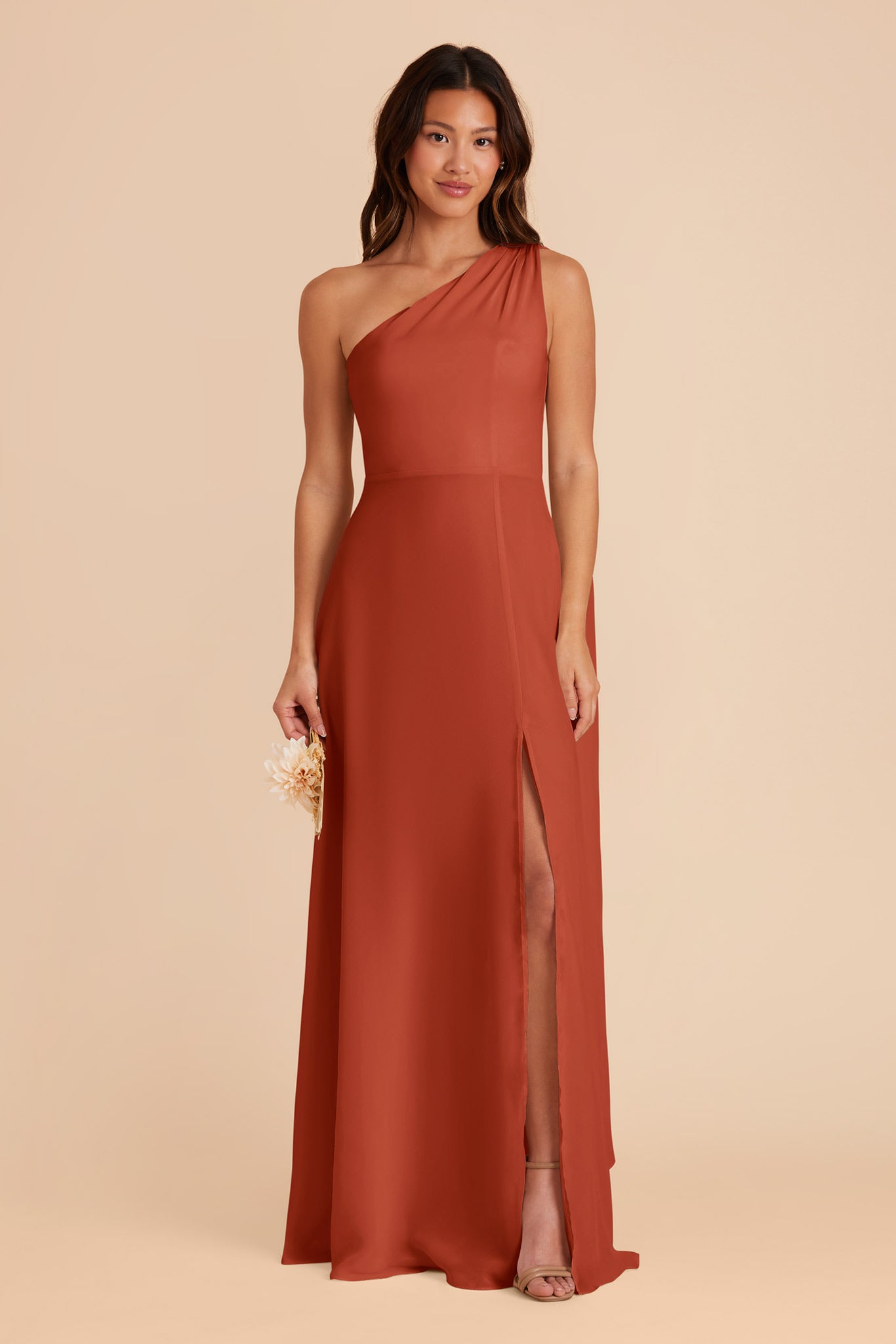 One-Shoulder Chiffon Bridesmaid Dress in Auburn | Melissa