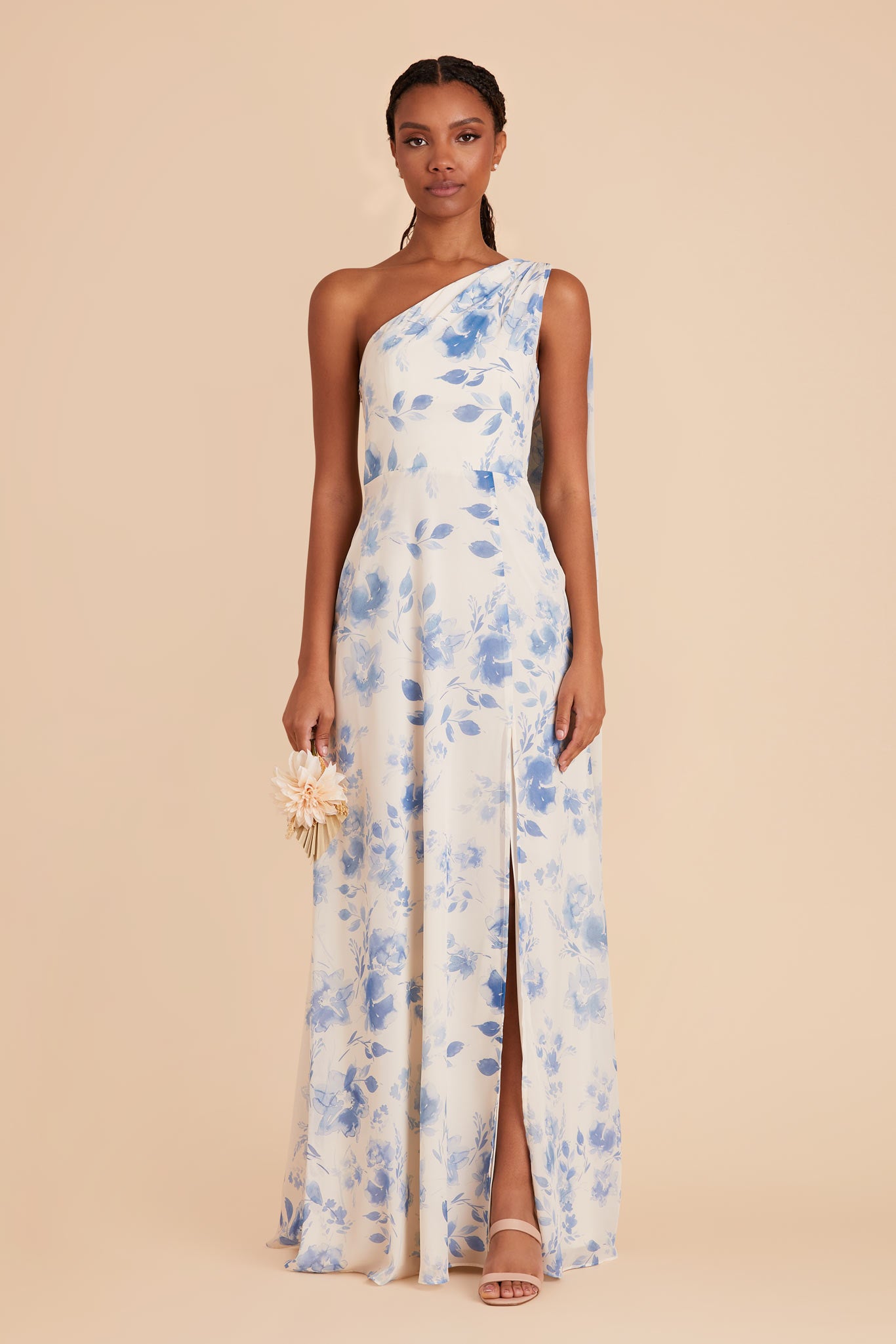One-Shoulder Chiffon Bridesmaid Dress | Melissa Blue Rococo Floral
