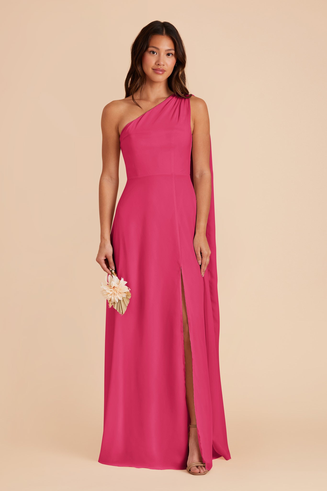 One-Shoulder Chiffon Bridesmaid Dress in Fuchsia | Melissa