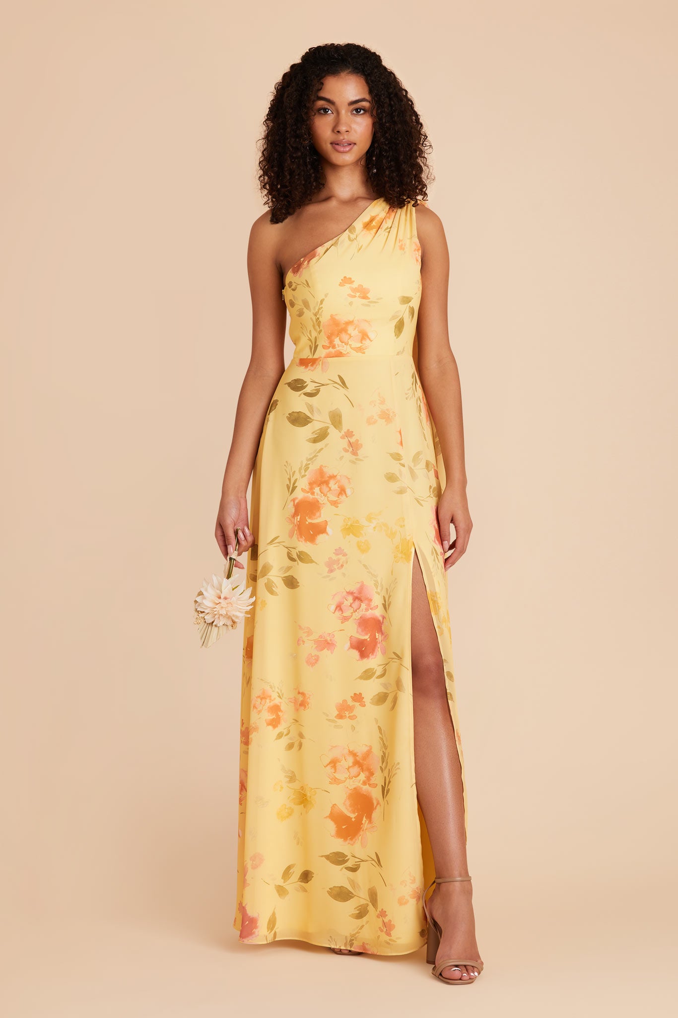 One-Shoulder Bridesmaid Dress in Chiffon | Melissa Pale Yellow Floral