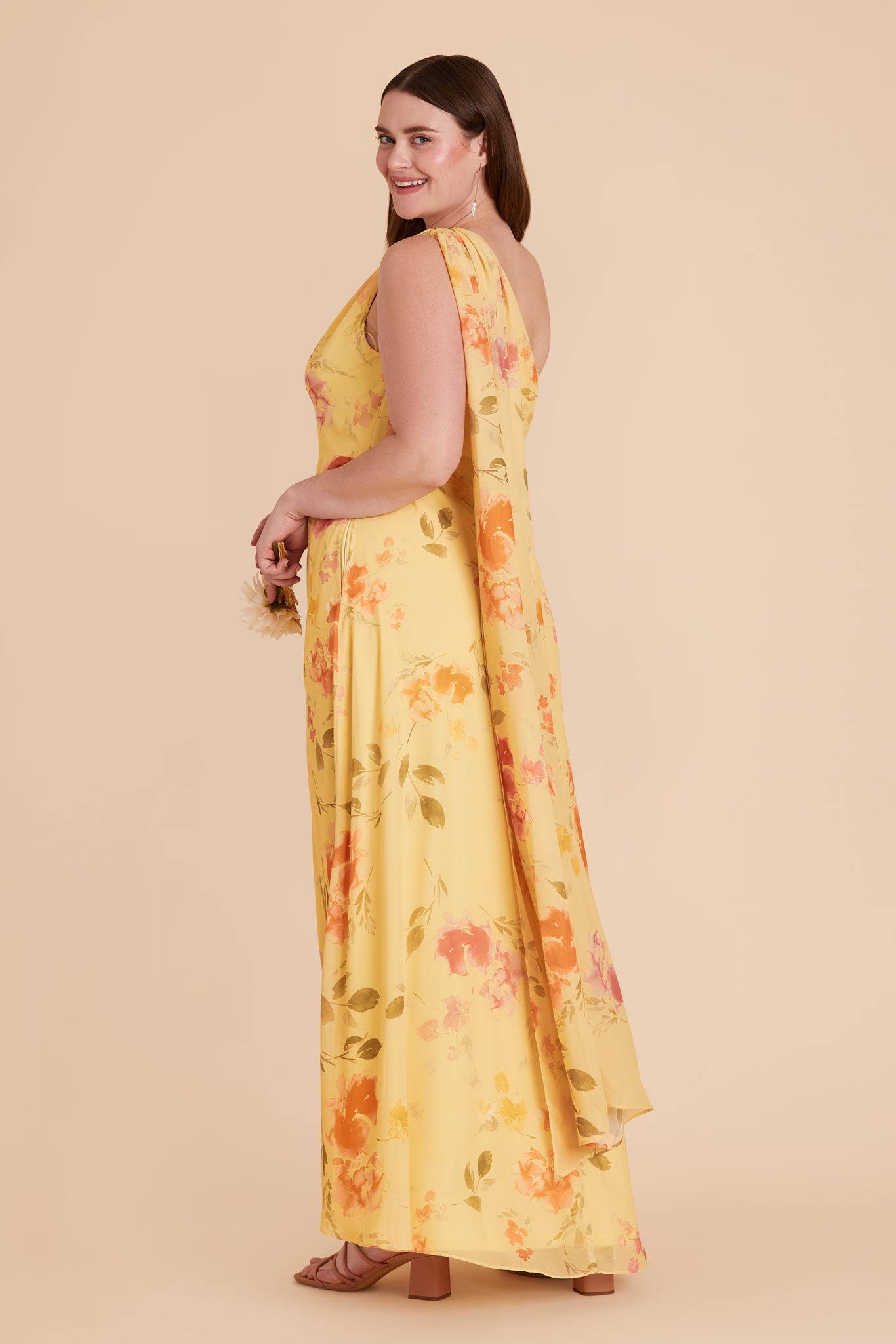 One-Shoulder Bridesmaid Dress in Chiffon | Melissa Pale Yellow Floral