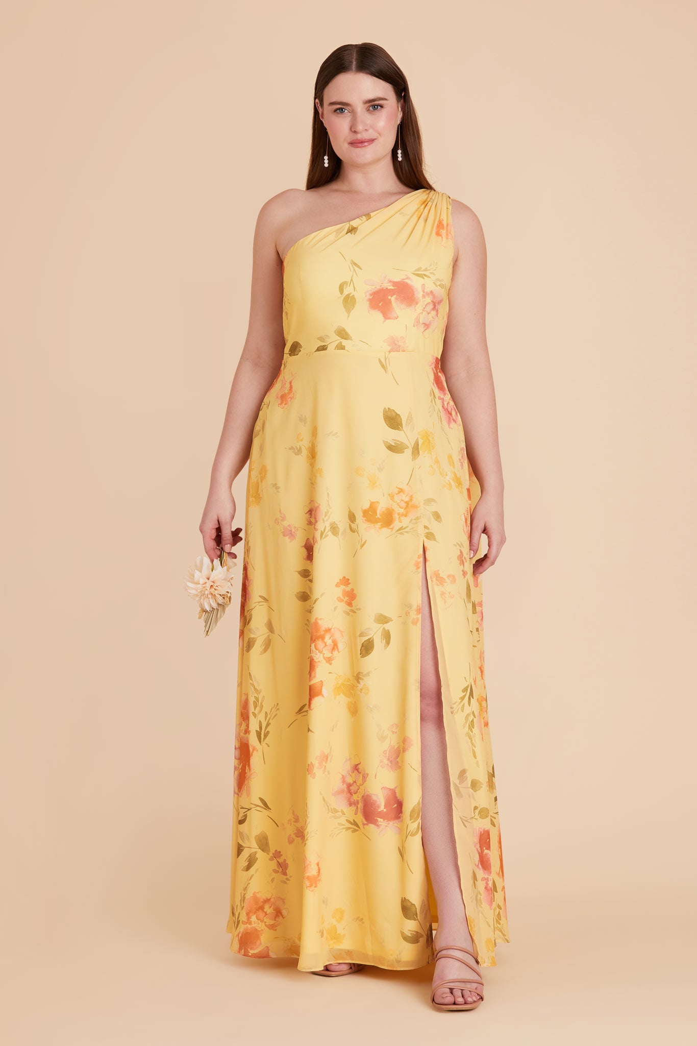 One-Shoulder Bridesmaid Dress in Chiffon | Melissa Pale Yellow Floral