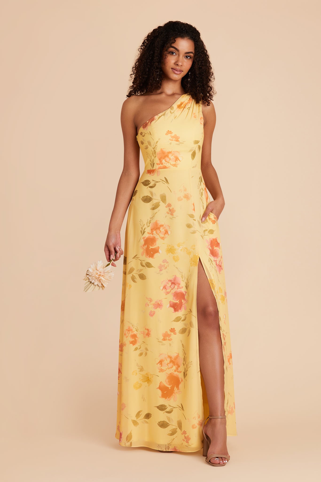 One-Shoulder Bridesmaid Dress in Chiffon | Melissa Pale Yellow Floral