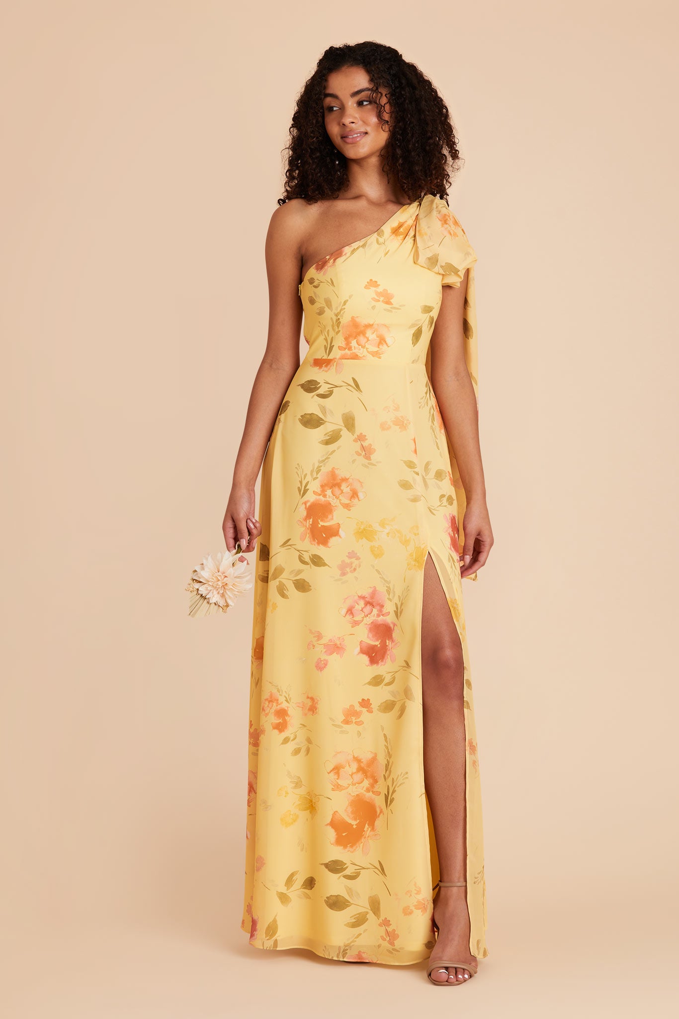 One-Shoulder Bridesmaid Dress in Chiffon | Melissa Pale Yellow Floral