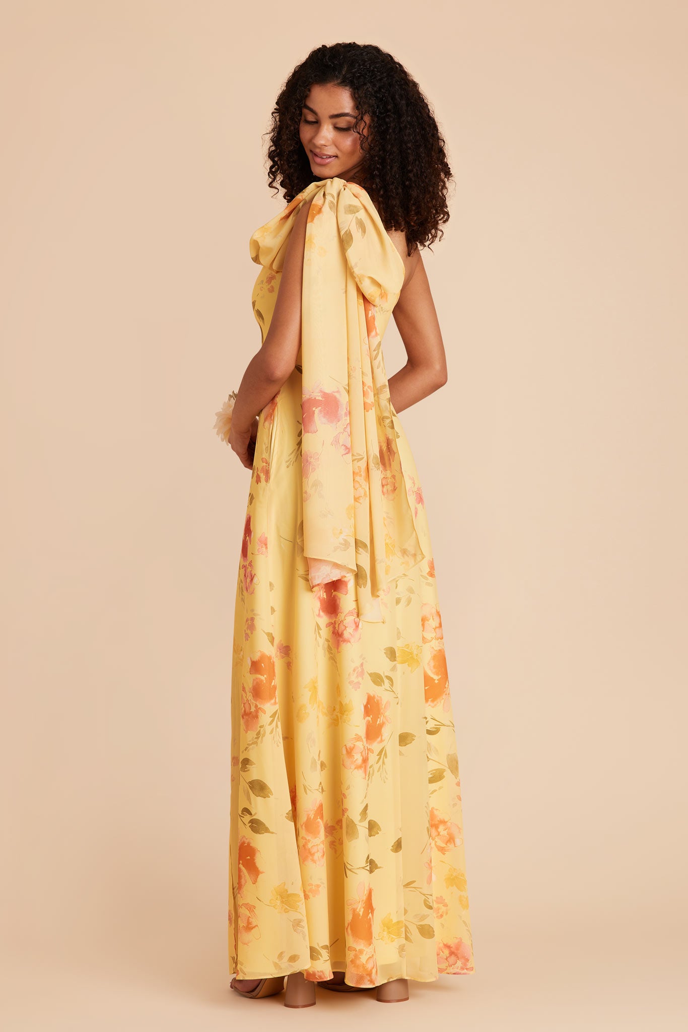 One-Shoulder Bridesmaid Dress in Chiffon | Melissa Pale Yellow Floral