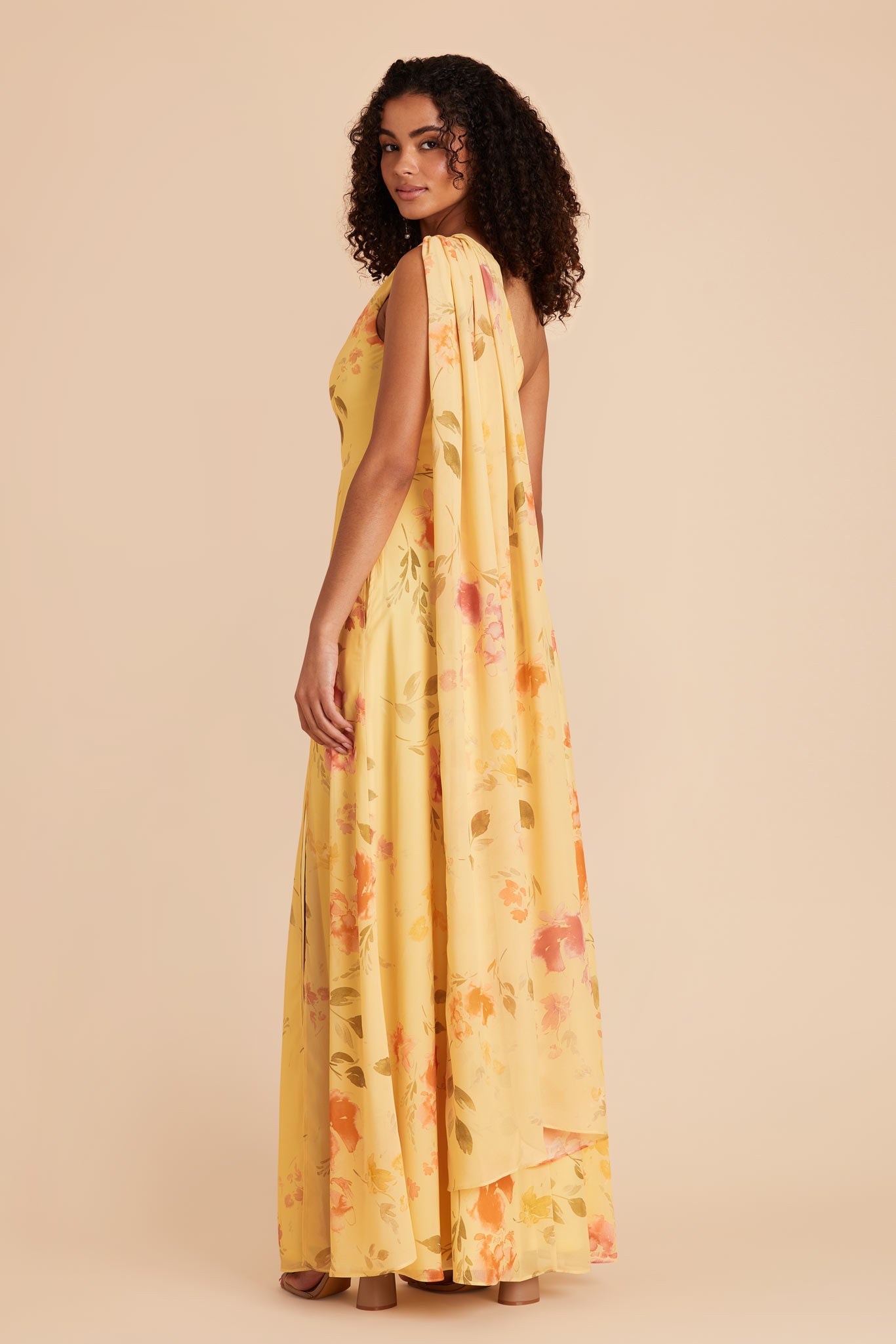 One-Shoulder Bridesmaid Dress in Chiffon | Melissa Pale Yellow Floral