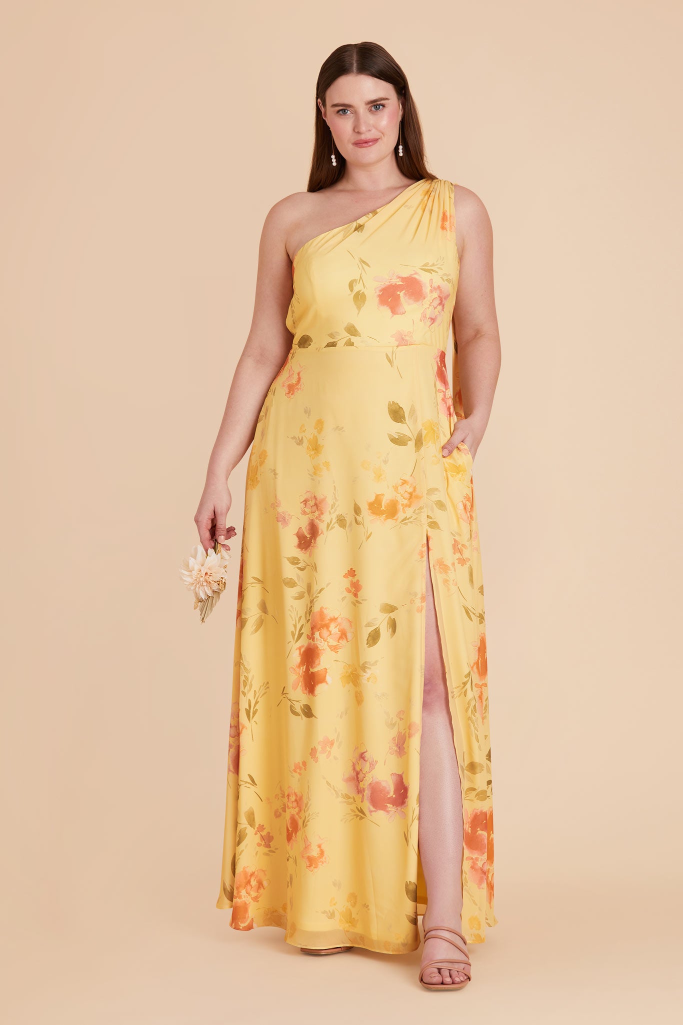 One-Shoulder Bridesmaid Dress in Chiffon | Melissa Pale Yellow Floral
