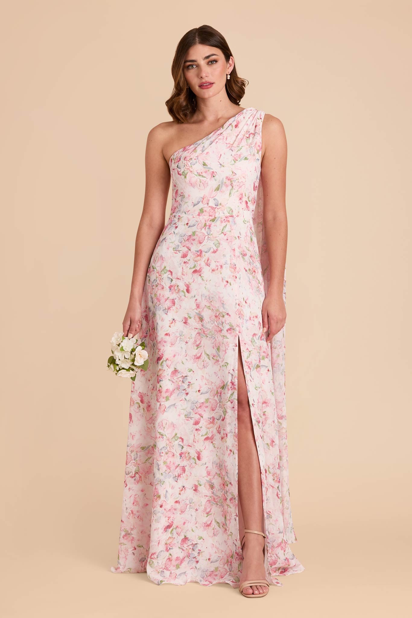 One-Shoulder Chiffon Bridesmaid Dress - Pink Falling Petals | Melissa