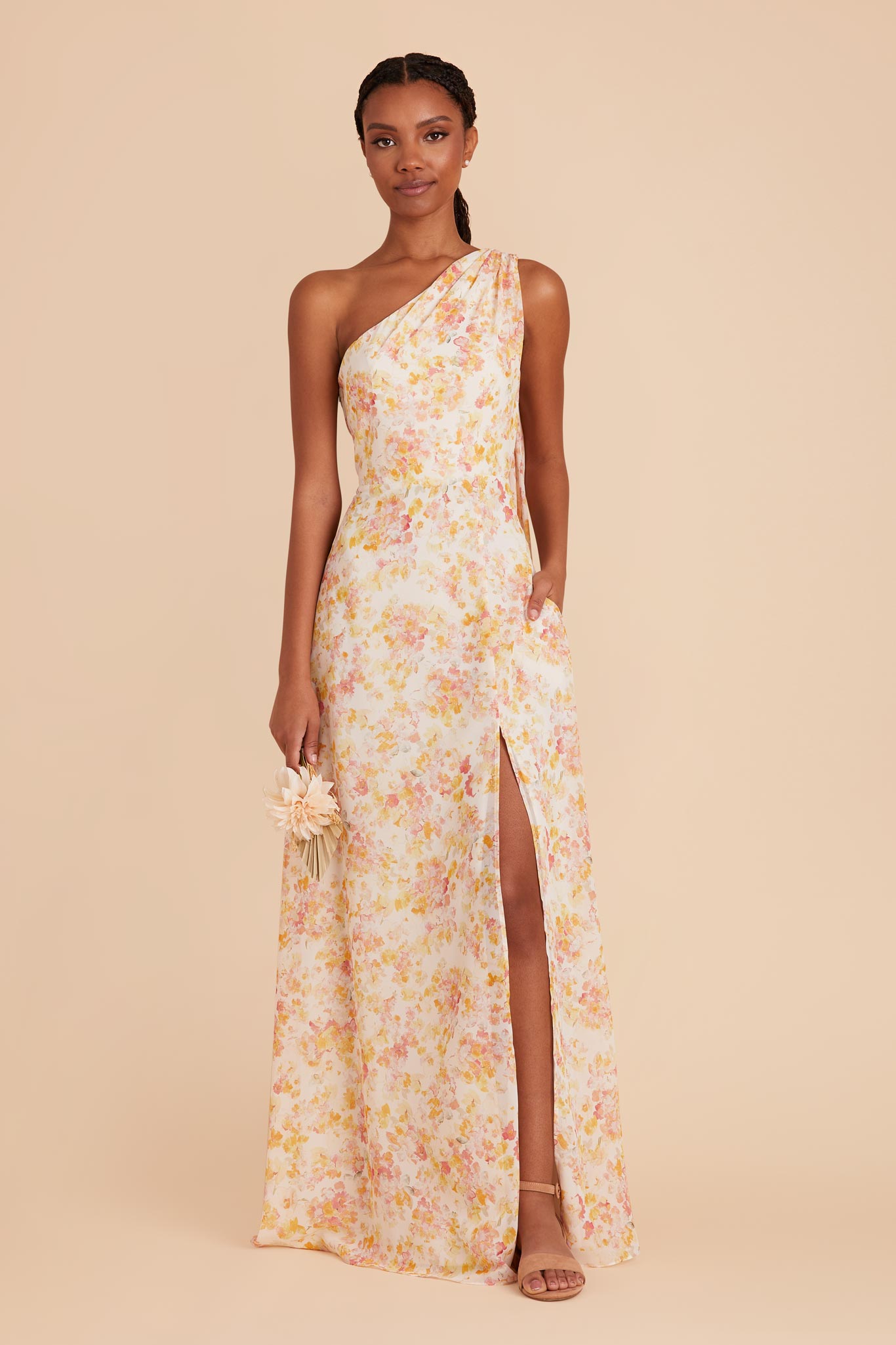 One-Shoulder Chiffon Bridesmaid Dress with Pressed Floral | Melissa