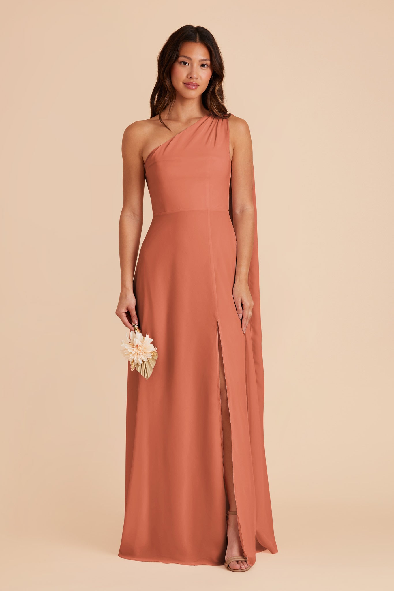 One-Shoulder Chiffon Bridesmaid Dress in Terracotta | Melissa