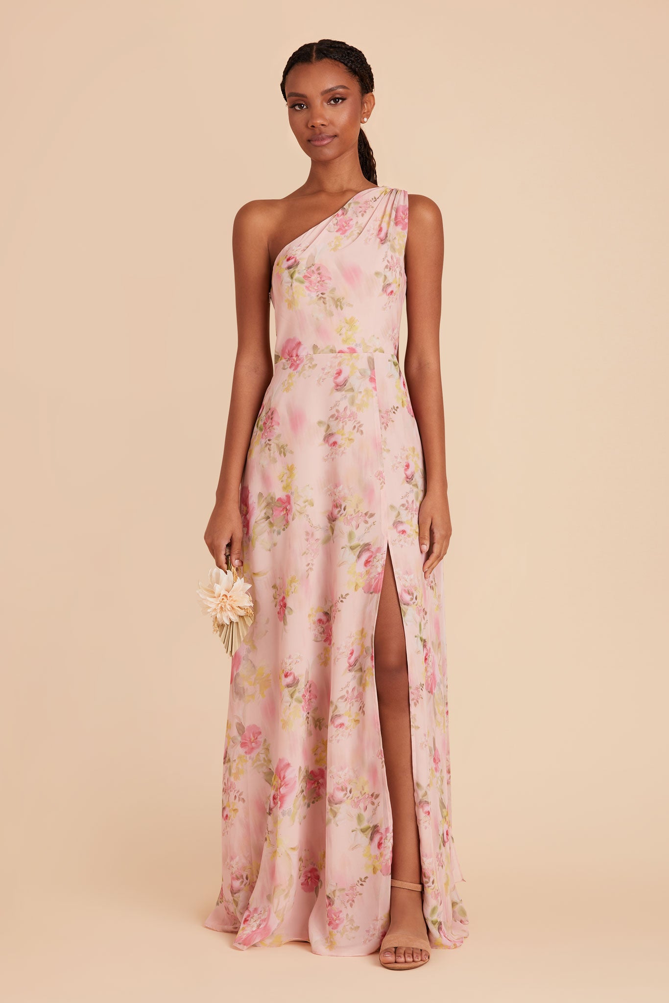 One-Shoulder Chiffon Bridesmaid Dress - Vintage Pink Floral | Melissa