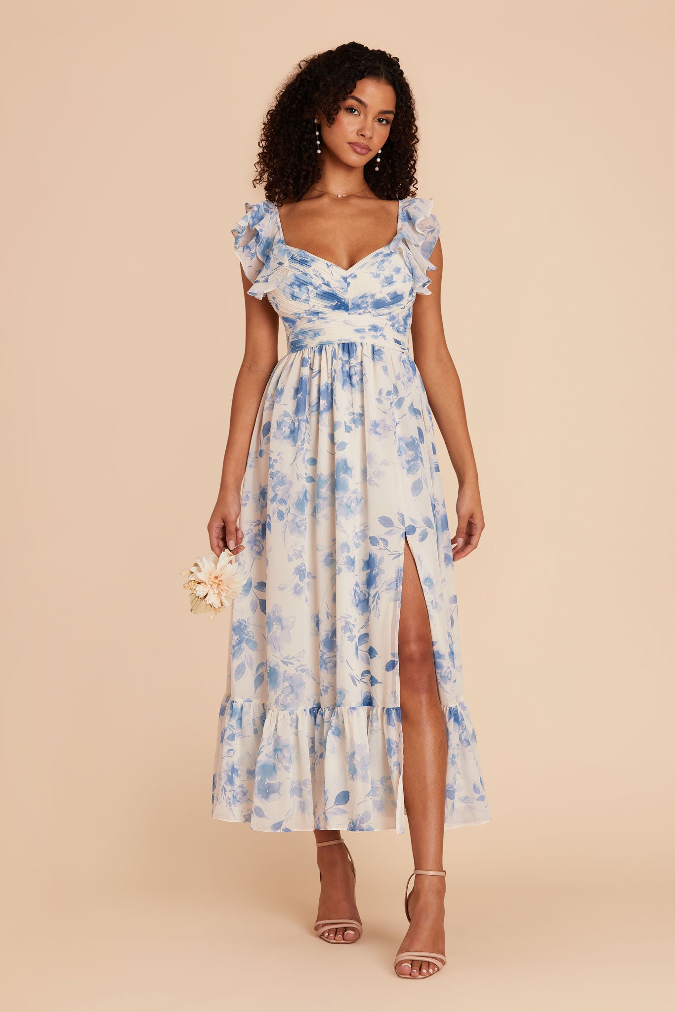 Elegant Chiffon Dress with Ruffle Straps & Tiered Hem | Michelle Blue Floral