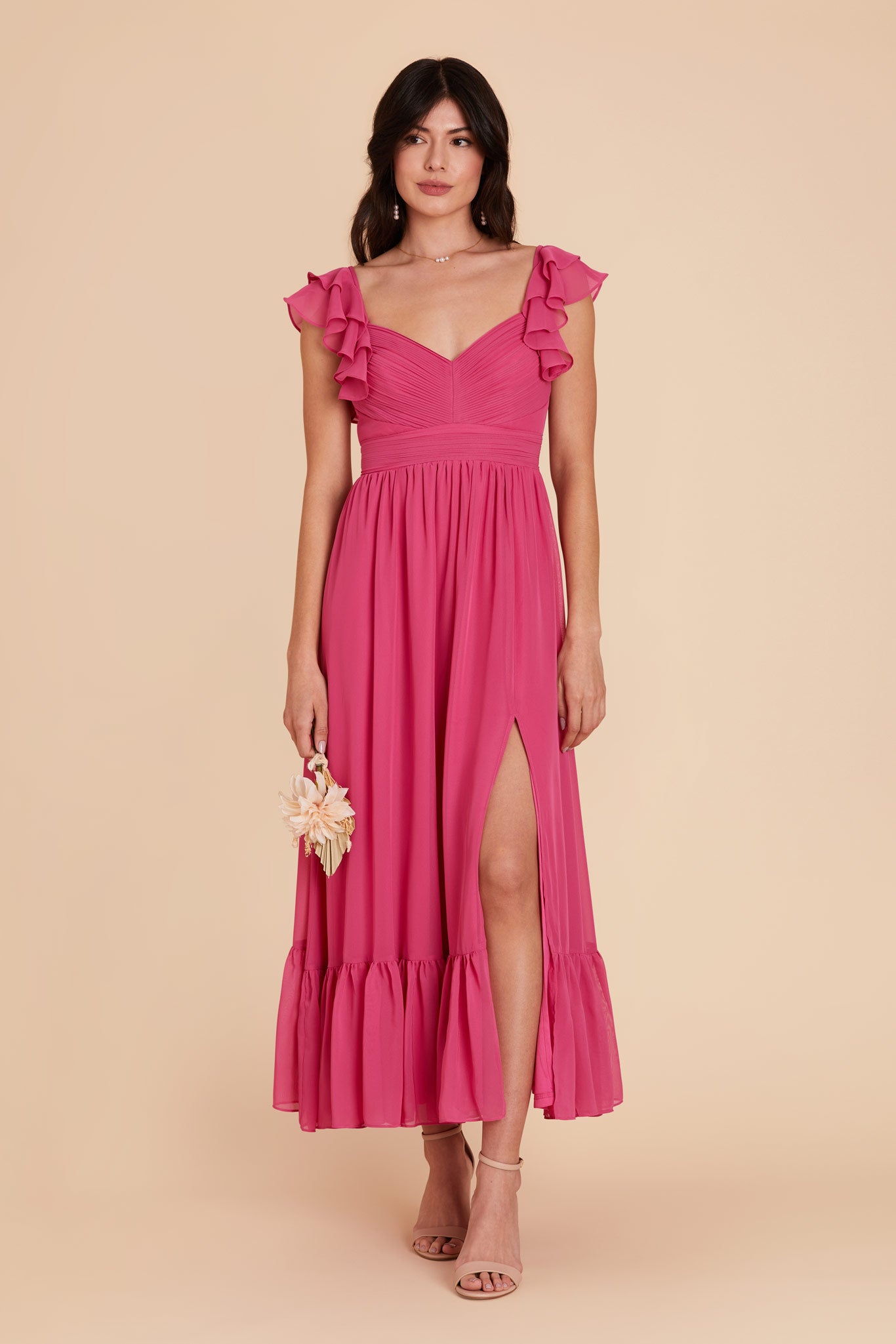 Elegant Chiffon Dress with Ruffle Straps & Tiered Hem | Michelle Fuchsia