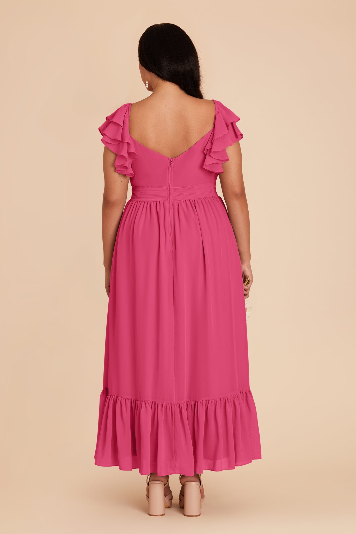Elegant Chiffon Dress with Ruffle Straps & Tiered Hem | Michelle Fuchsia