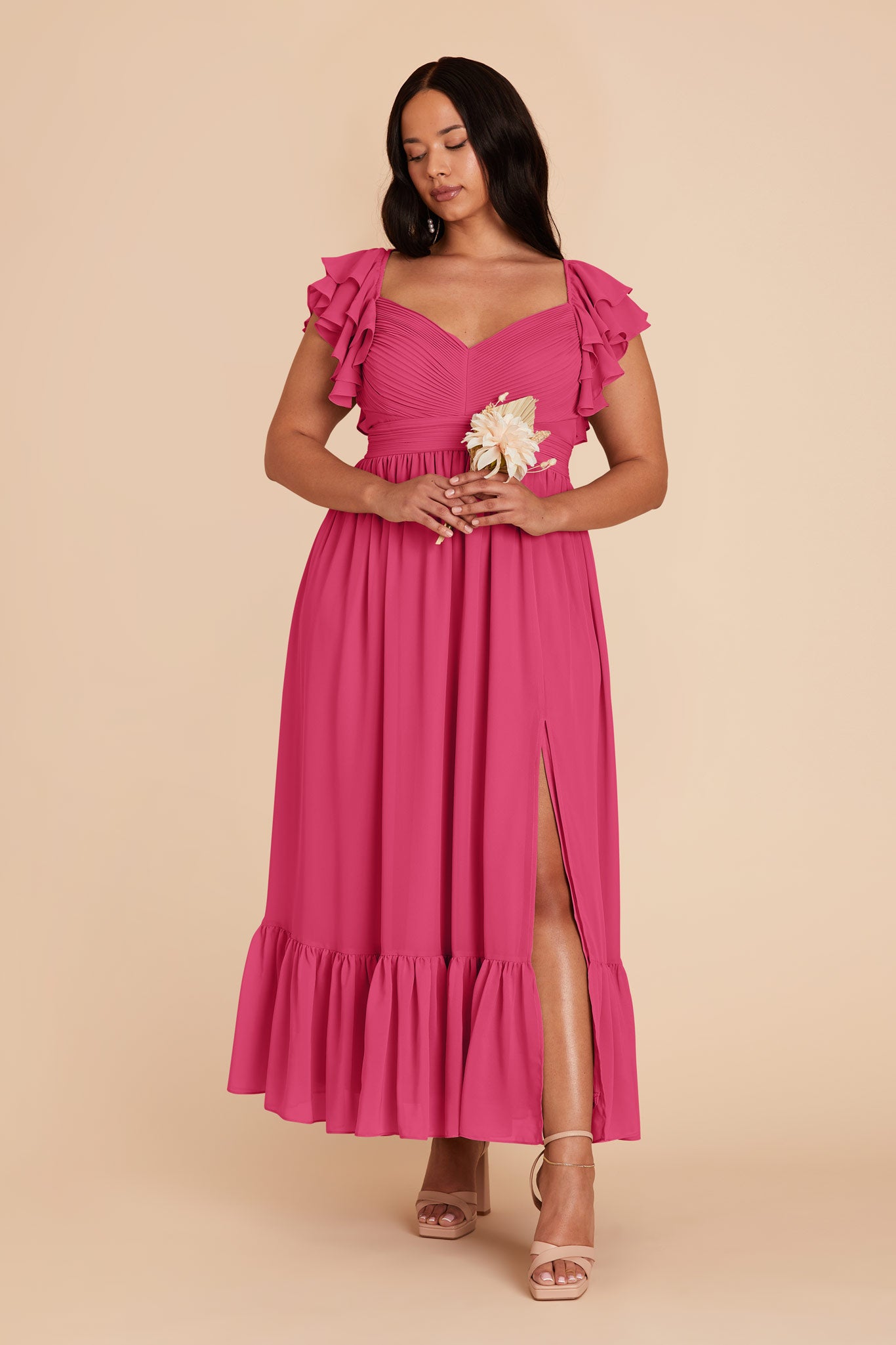 Elegant Chiffon Dress with Ruffle Straps & Tiered Hem | Michelle Fuchsia