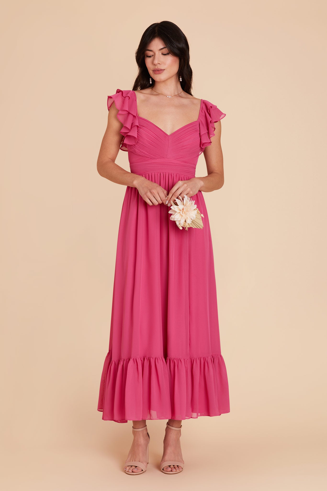 Elegant Chiffon Dress with Ruffle Straps & Tiered Hem | Michelle Fuchsia
