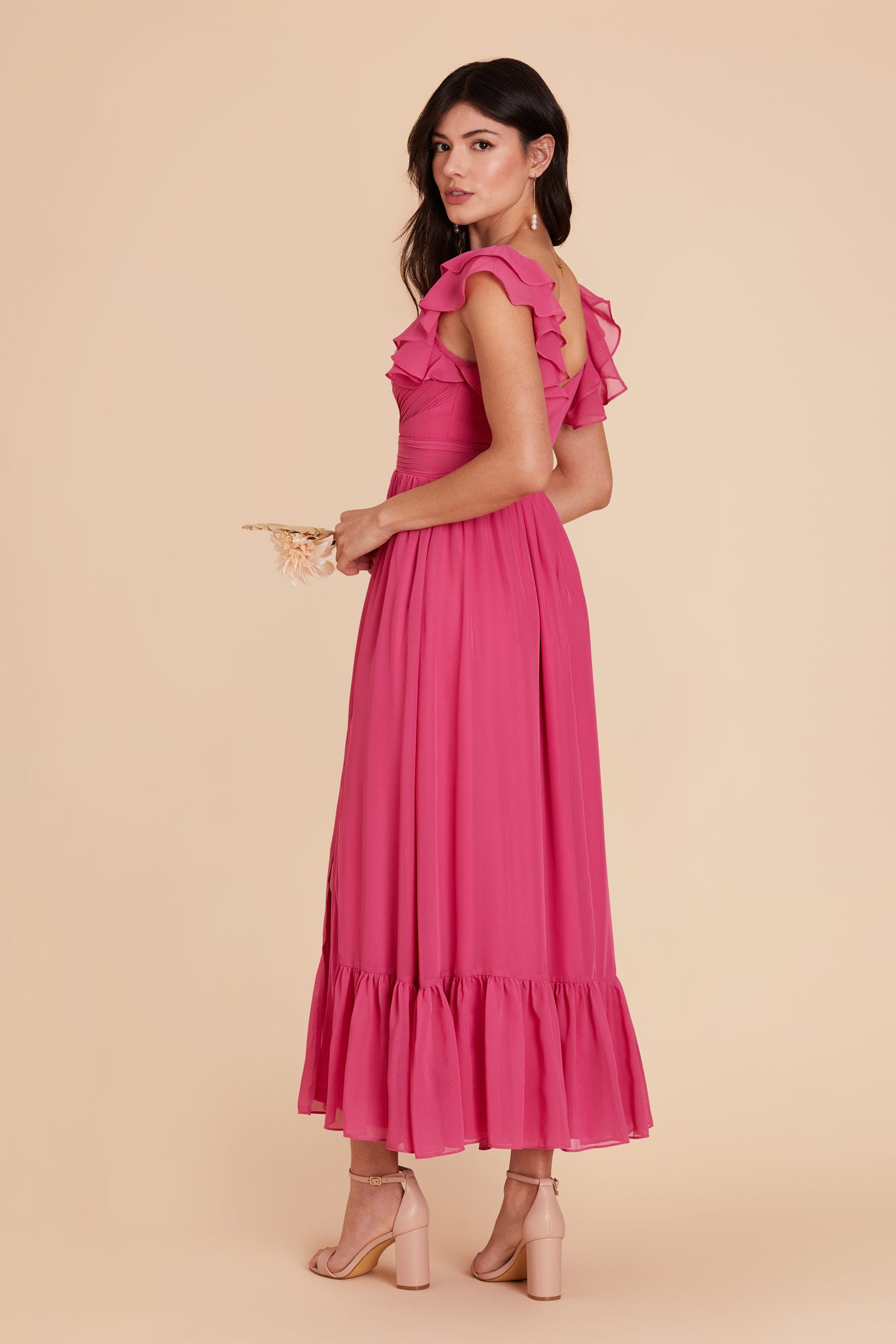 Elegant Chiffon Dress with Ruffle Straps & Tiered Hem | Michelle Fuchsia