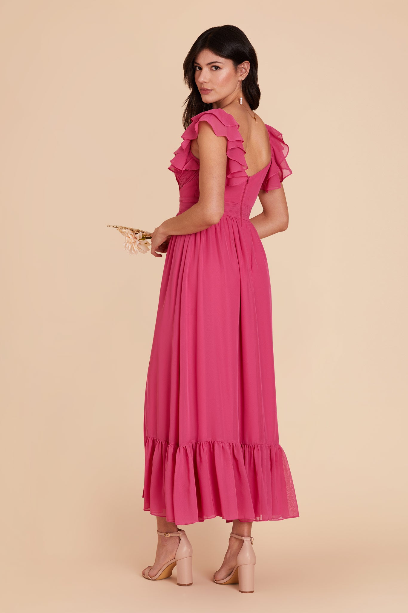 Elegant Chiffon Dress with Ruffle Straps & Tiered Hem | Michelle Fuchsia