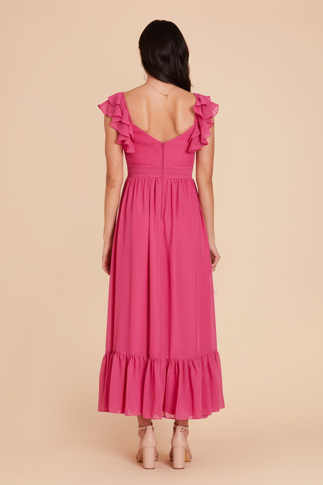 Elegant Chiffon Dress with Ruffle Straps & Tiered Hem | Michelle Fuchsia