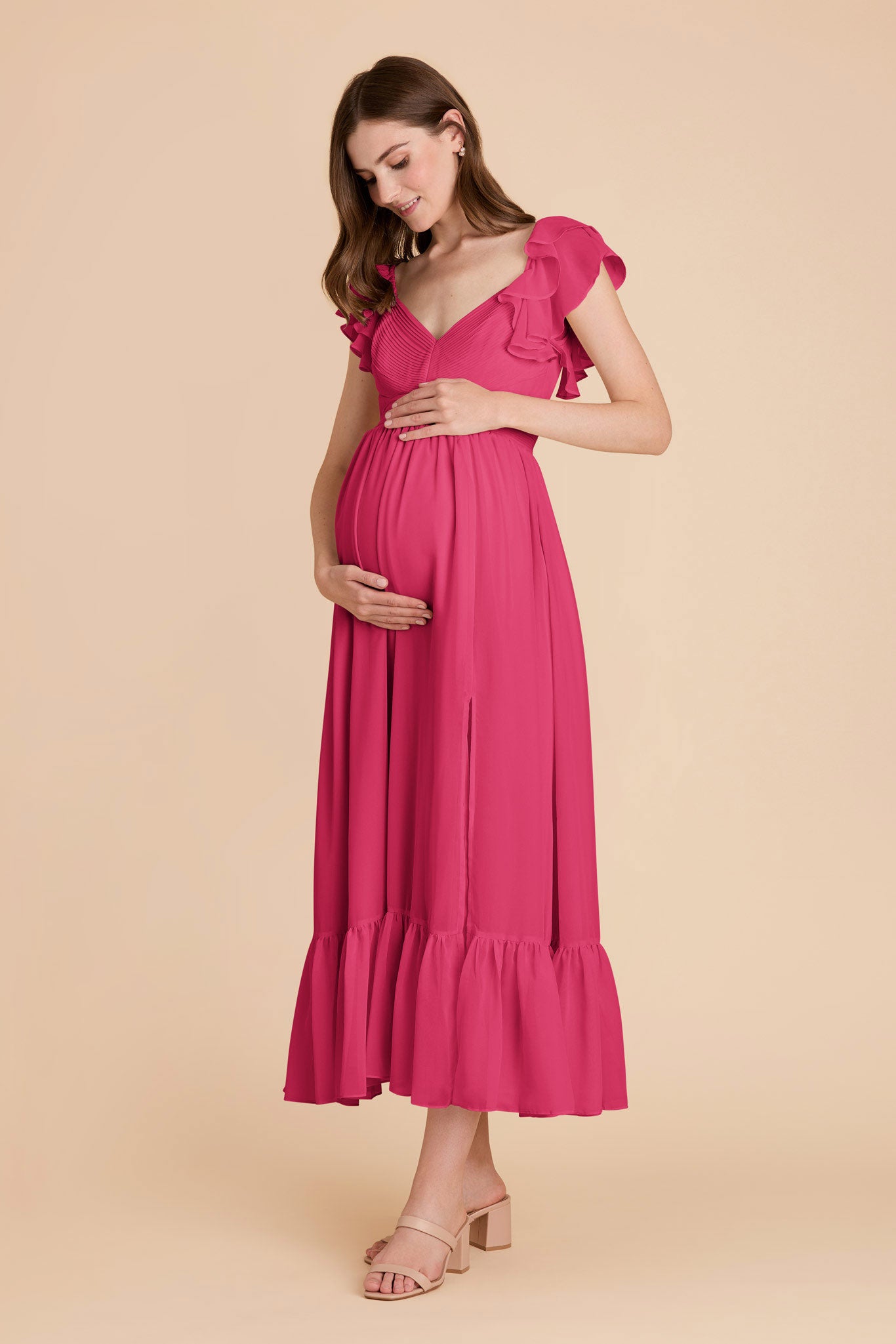 Elegant Chiffon Dress with Ruffle Straps & Tiered Hem | Michelle Fuchsia