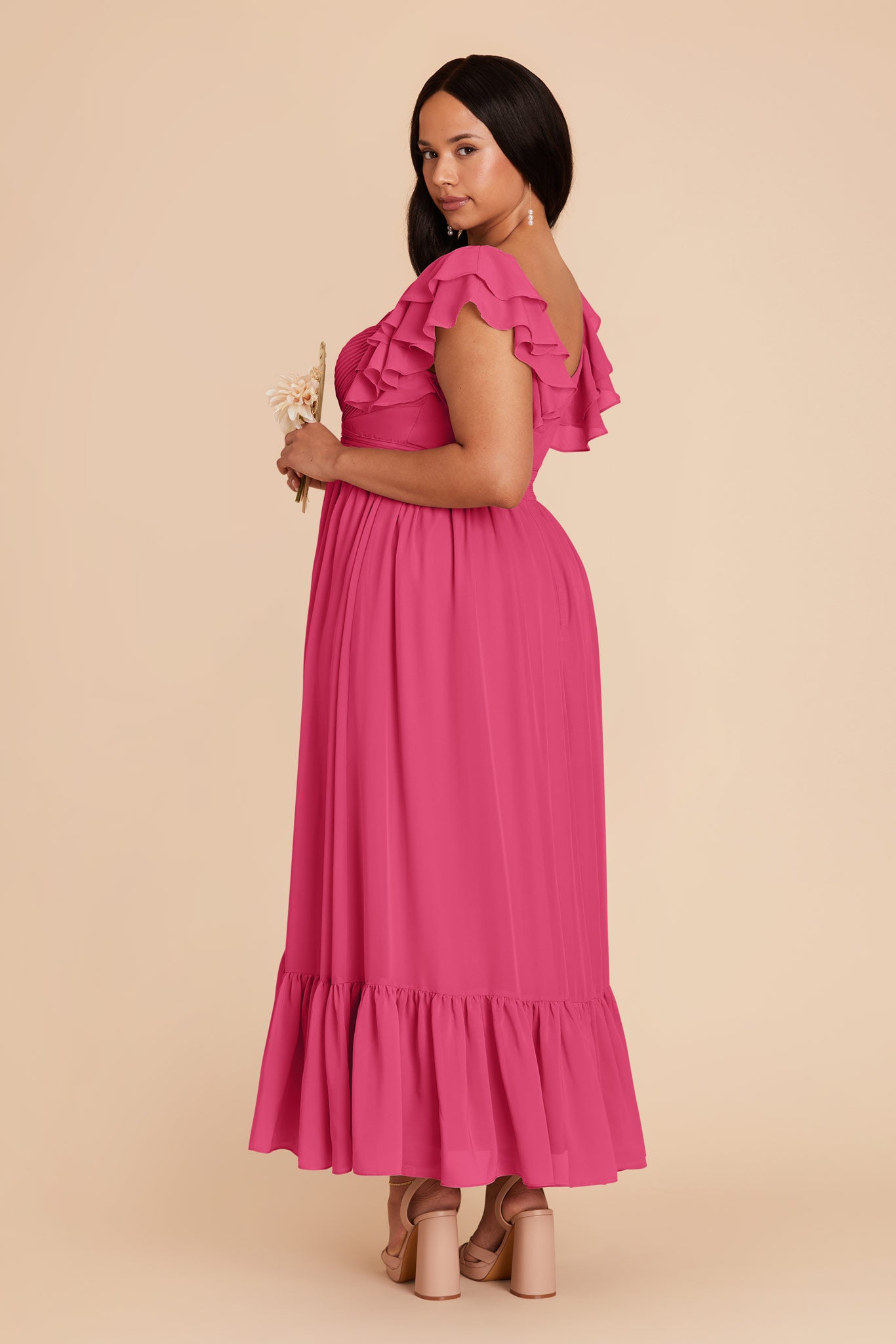 Elegant Chiffon Dress with Ruffle Straps & Tiered Hem | Michelle Fuchsia