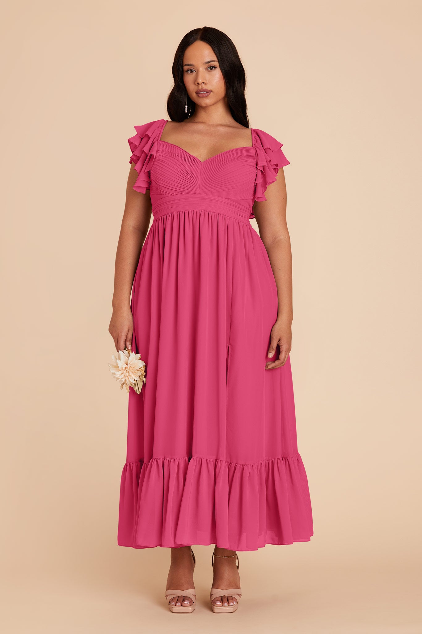 Elegant Chiffon Dress with Ruffle Straps & Tiered Hem | Michelle Fuchsia