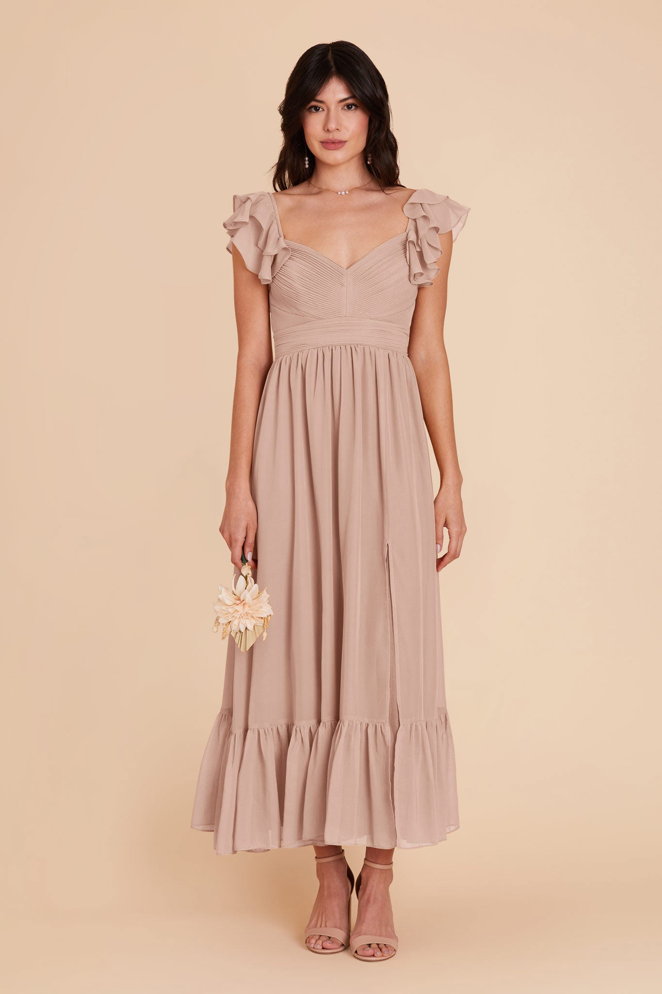 Elegant Chiffon Dress with Ruffle Straps & Tiered Hem | Michelle Taupe