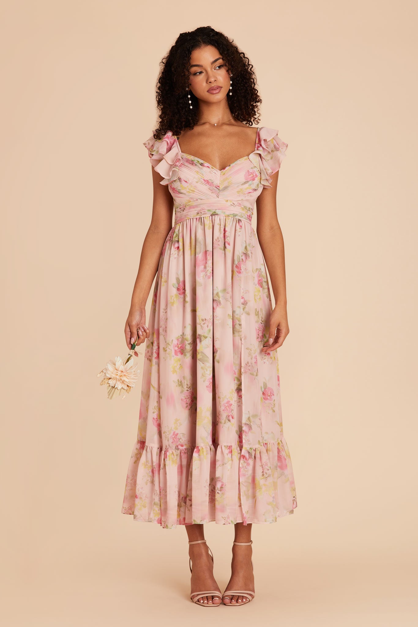 Vintage Pink Floral Chiffon Dress with Ruffle Straps | Michelle