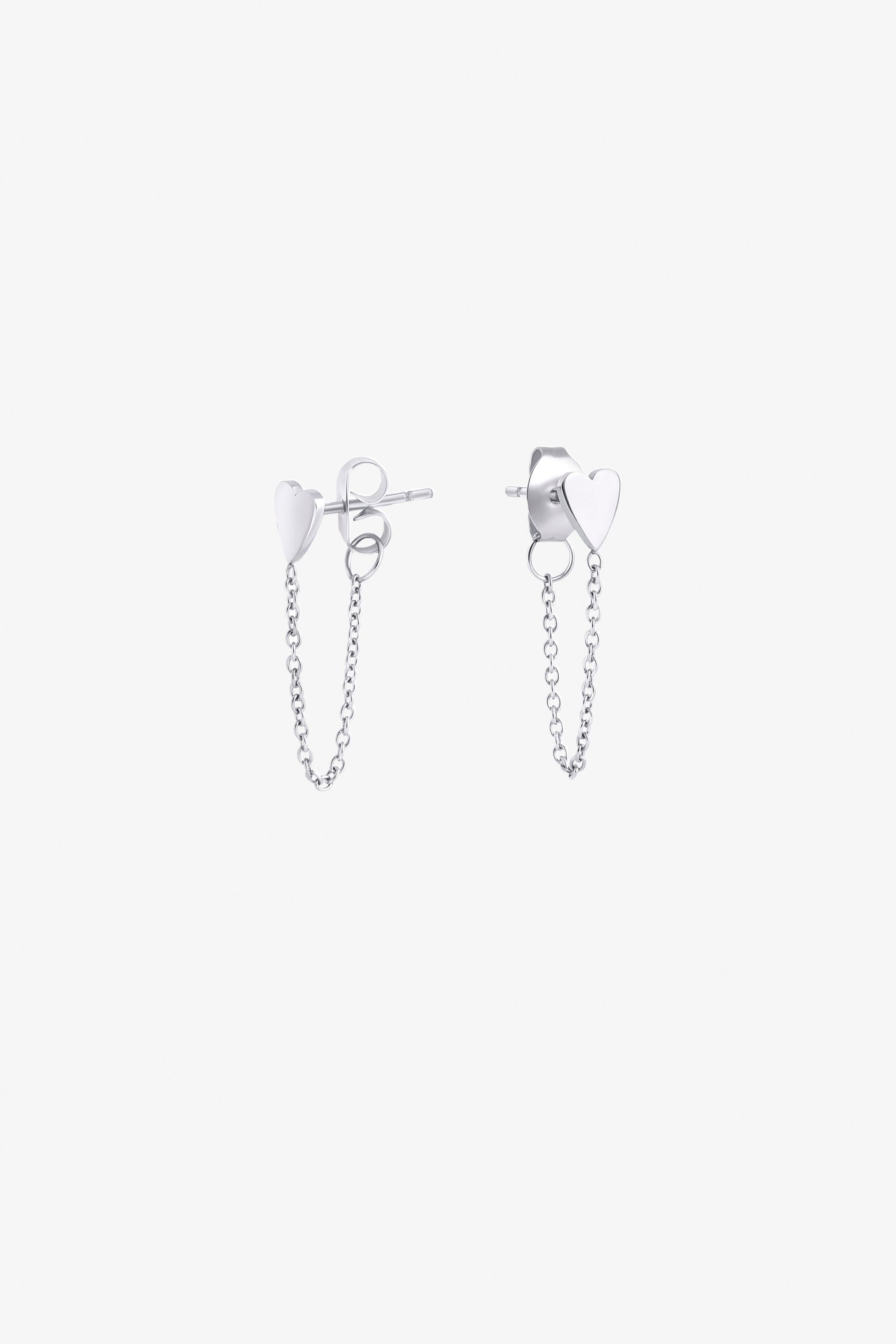 Silver Heart Stud Earrings with Chain Drop | Mia Bijoux
