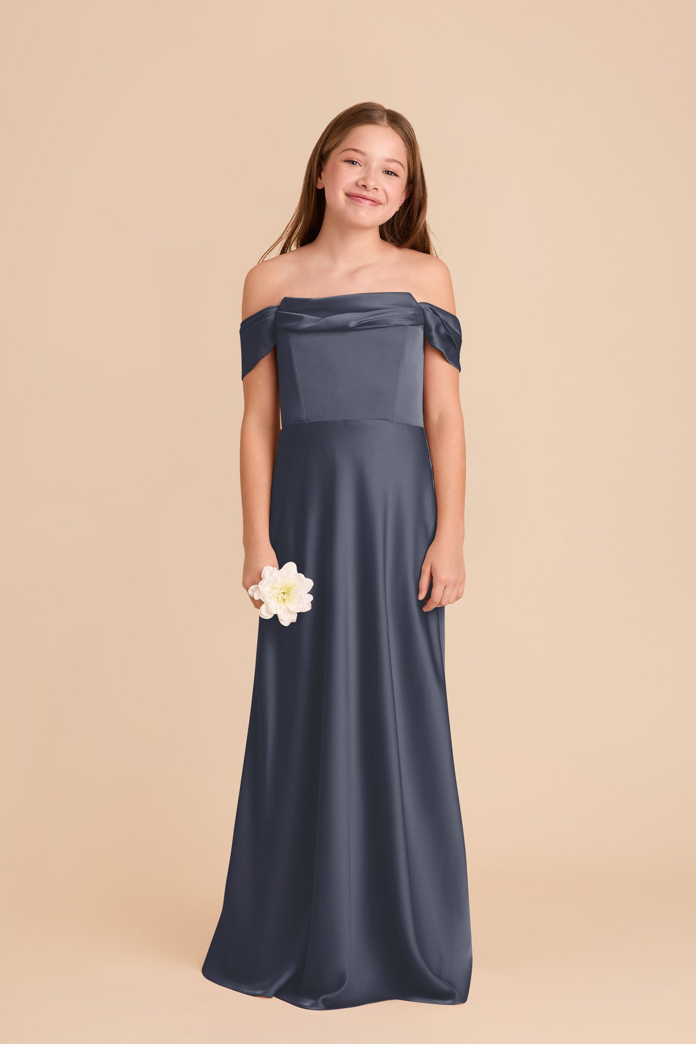Convertible Off-the-Shoulder Junior Dress | Mimi Matte Satin - Dusk Blue