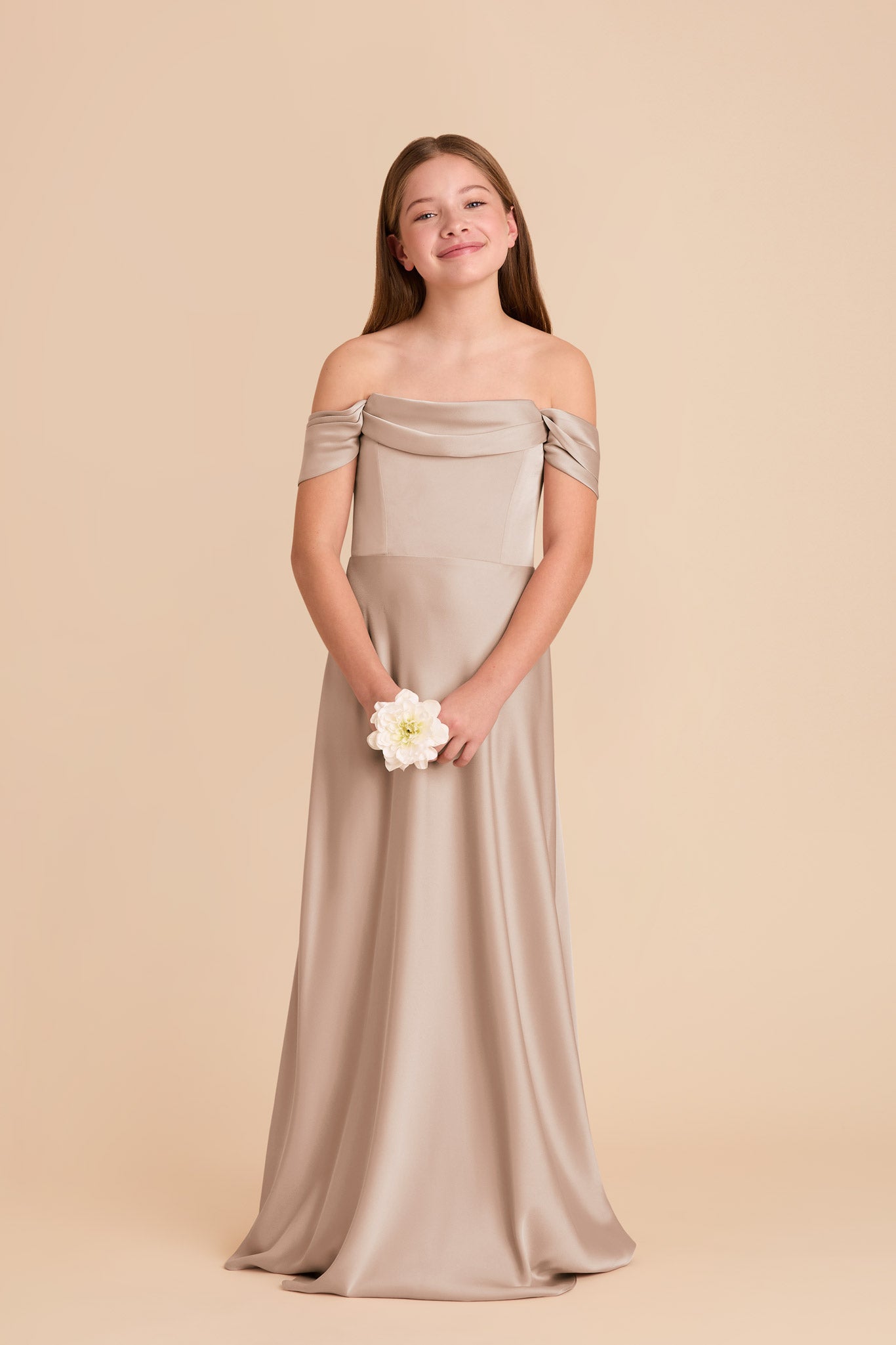 Convertible Off-the-Shoulder Junior Dress | Mimi Matte Satin Taupe