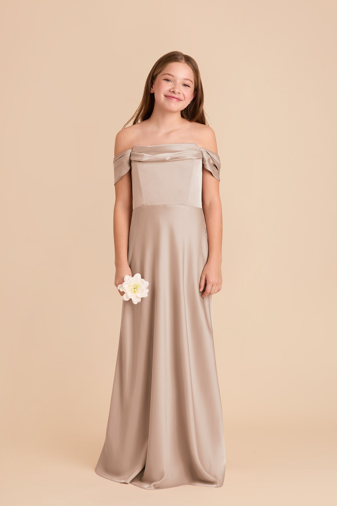 Convertible Off-the-Shoulder Junior Dress | Mimi Matte Satin Taupe