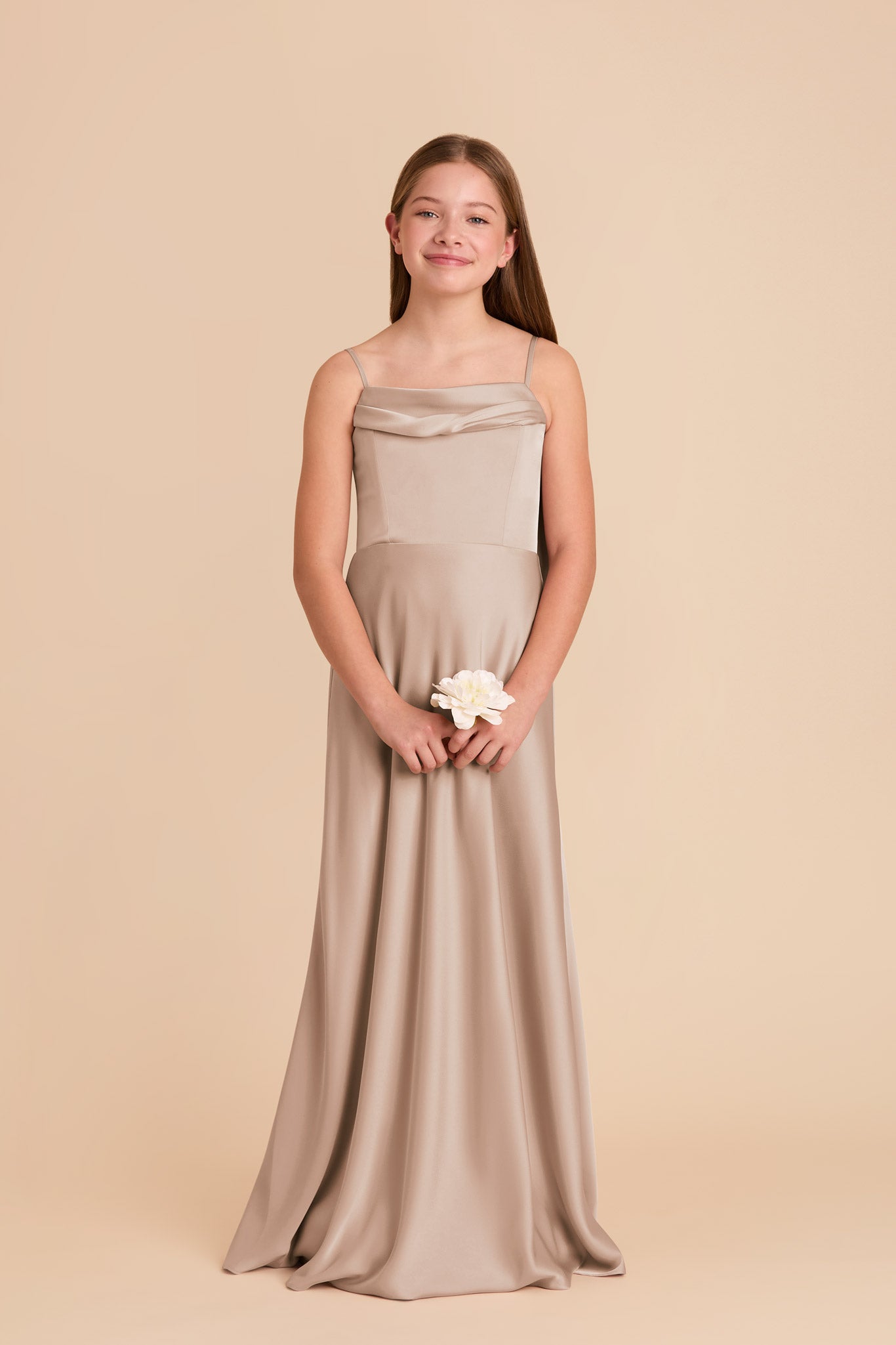 Convertible Off-the-Shoulder Junior Dress | Mimi Matte Satin Taupe