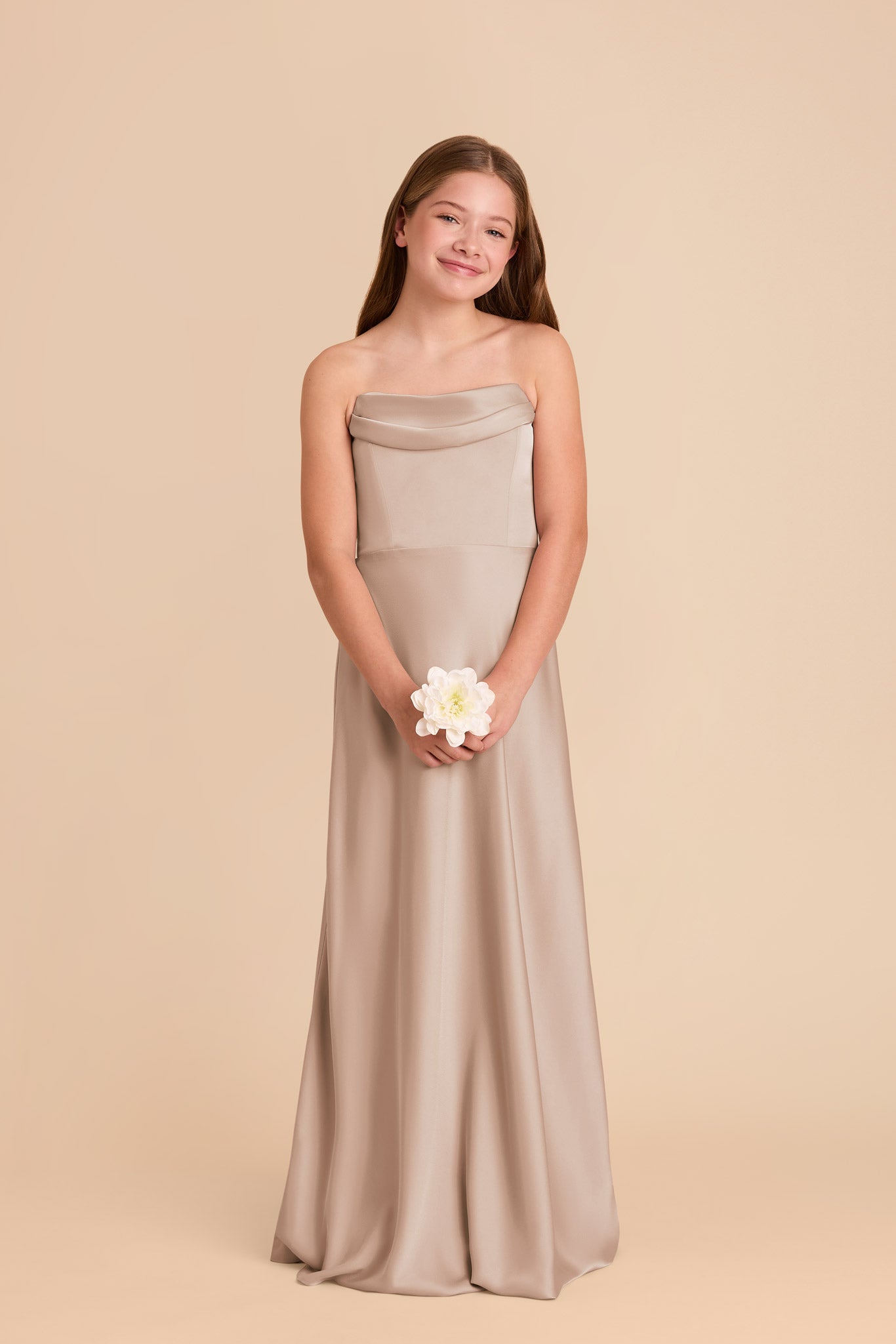 Convertible Off-the-Shoulder Junior Dress | Mimi Matte Satin Taupe