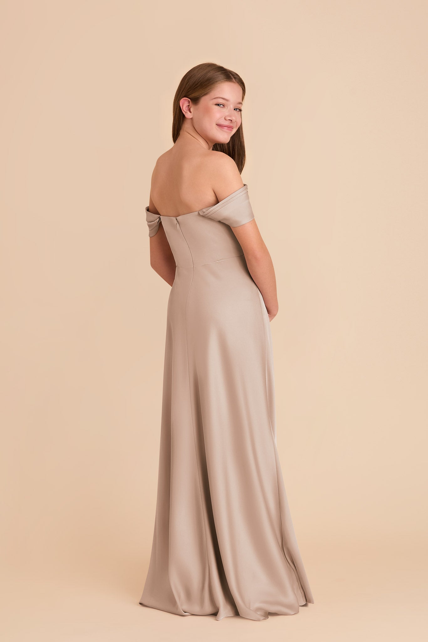 Convertible Off-the-Shoulder Junior Dress | Mimi Matte Satin Taupe