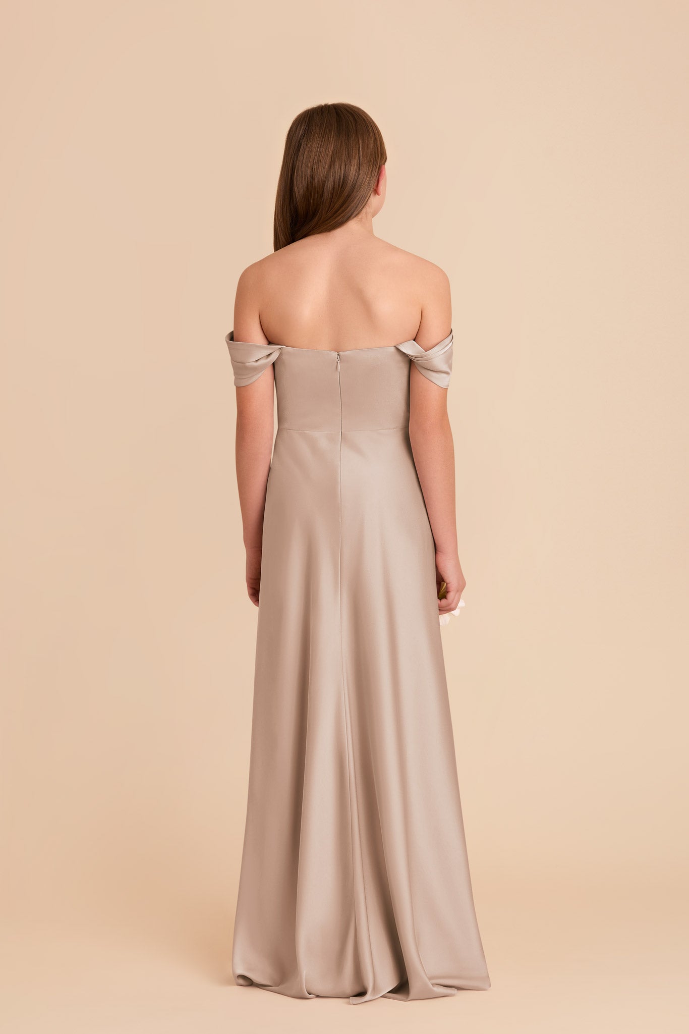Convertible Off-the-Shoulder Junior Dress | Mimi Matte Satin Taupe