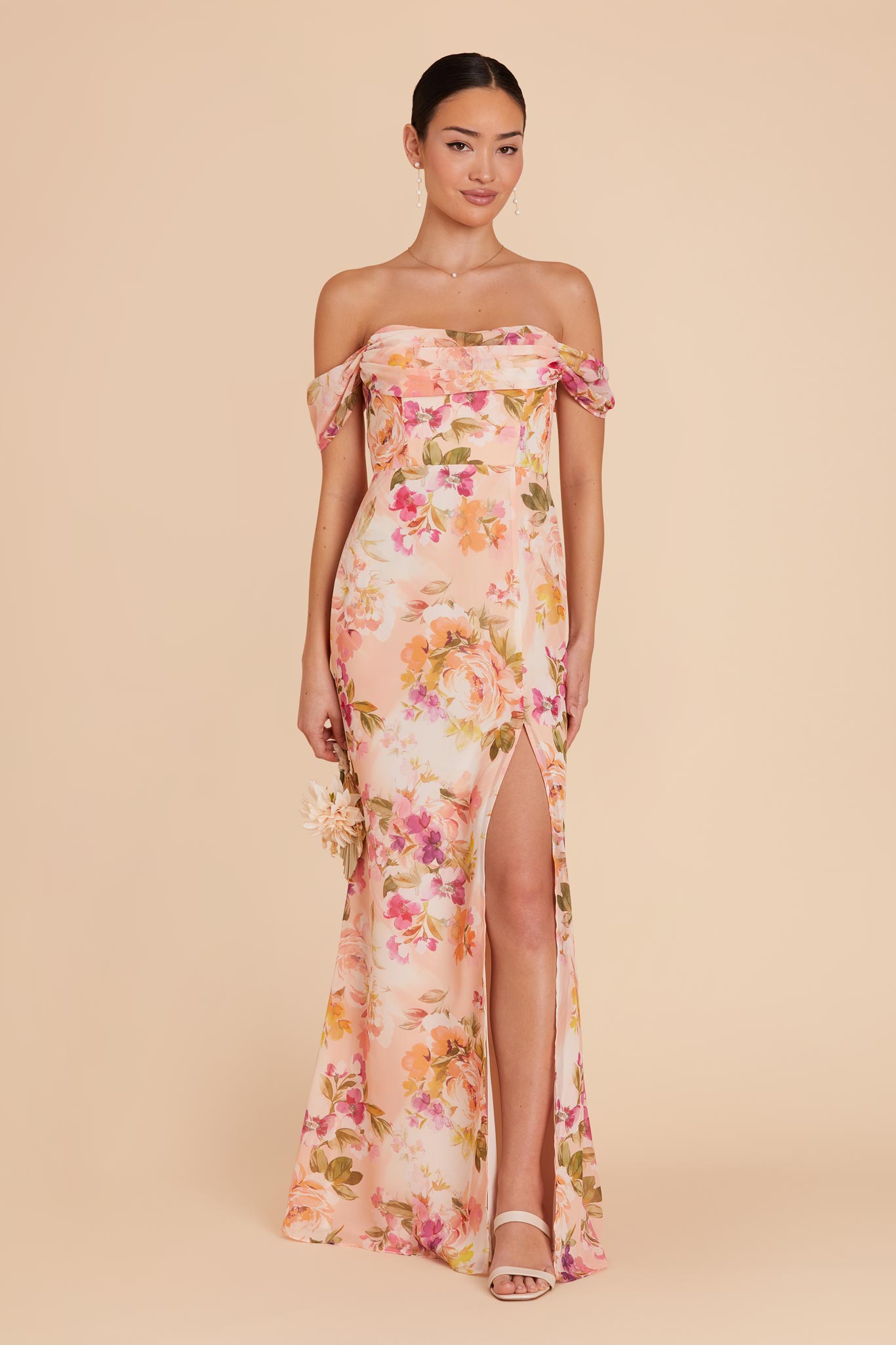 Convertible Dress with Cowl Detail & Removable Sleeves | Mira Coral Sunset Peonies