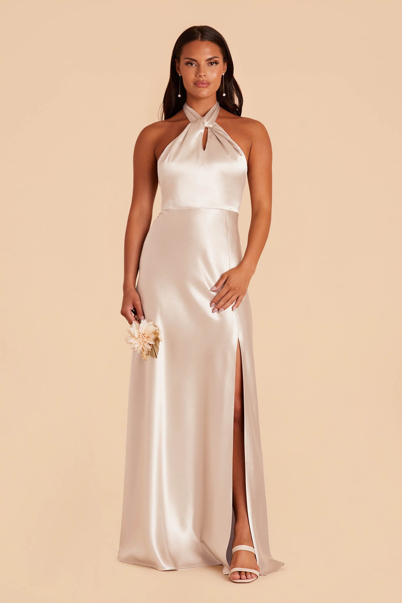 Shiny Satin Halter Dress with A-Line Skirt & Leg Slit | Monica