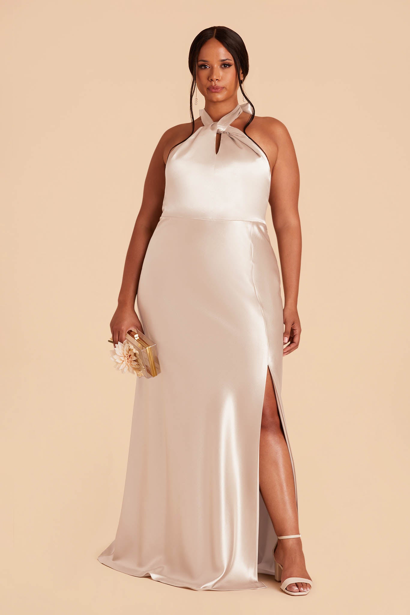 Shiny Satin Halter Dress with A-Line Skirt & Leg Slit | Monica