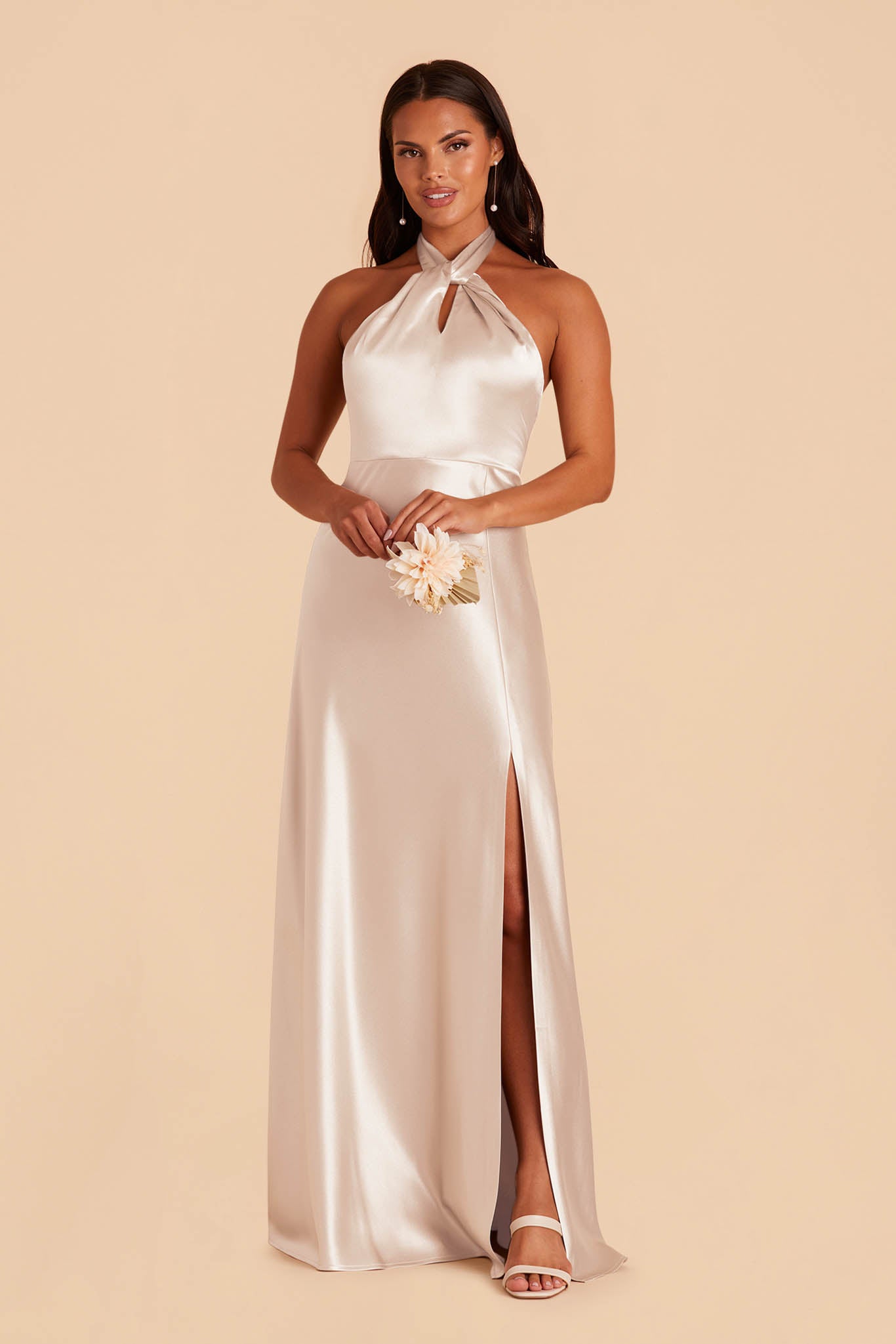 Shiny Satin Halter Dress with A-Line Skirt & Leg Slit | Monica