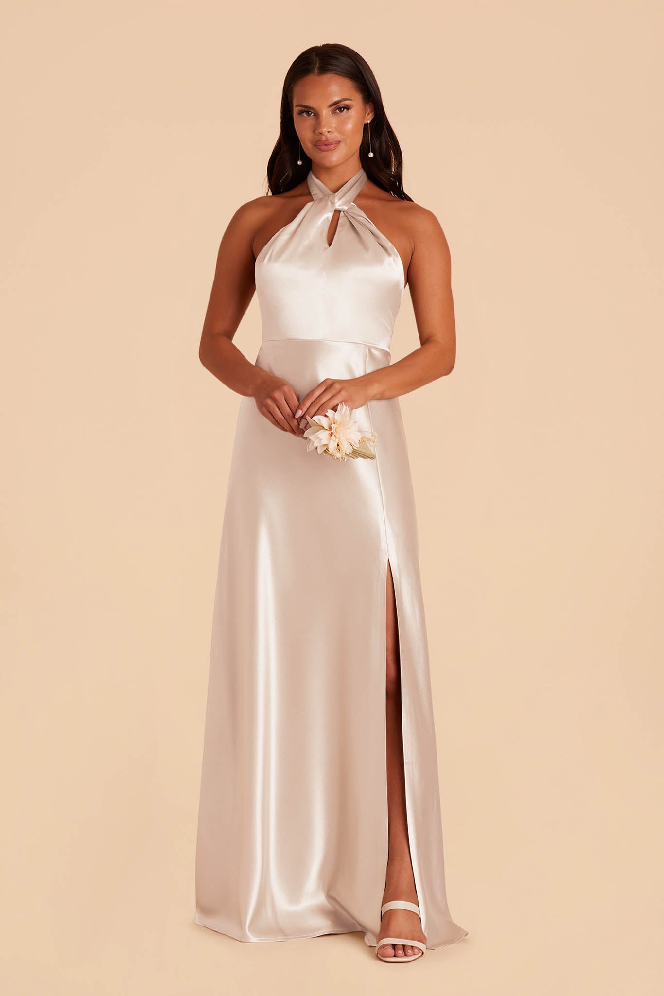 Shiny Satin Halter Dress with A-Line Skirt & Leg Slit | Monica