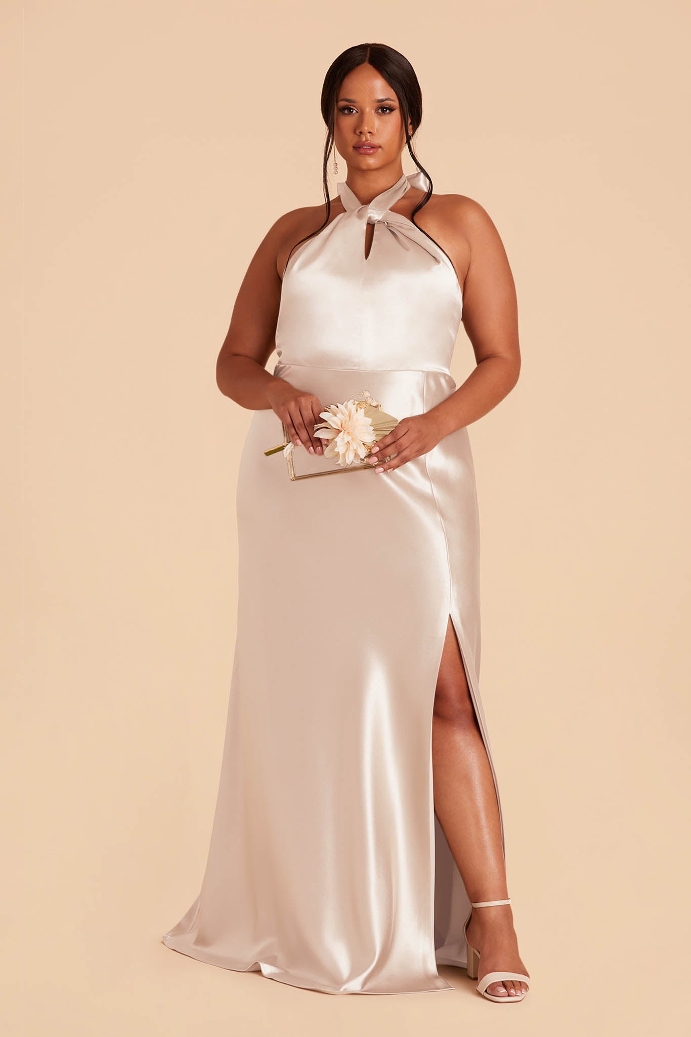 Shiny Satin Halter Dress with A-Line Skirt & Leg Slit | Monica