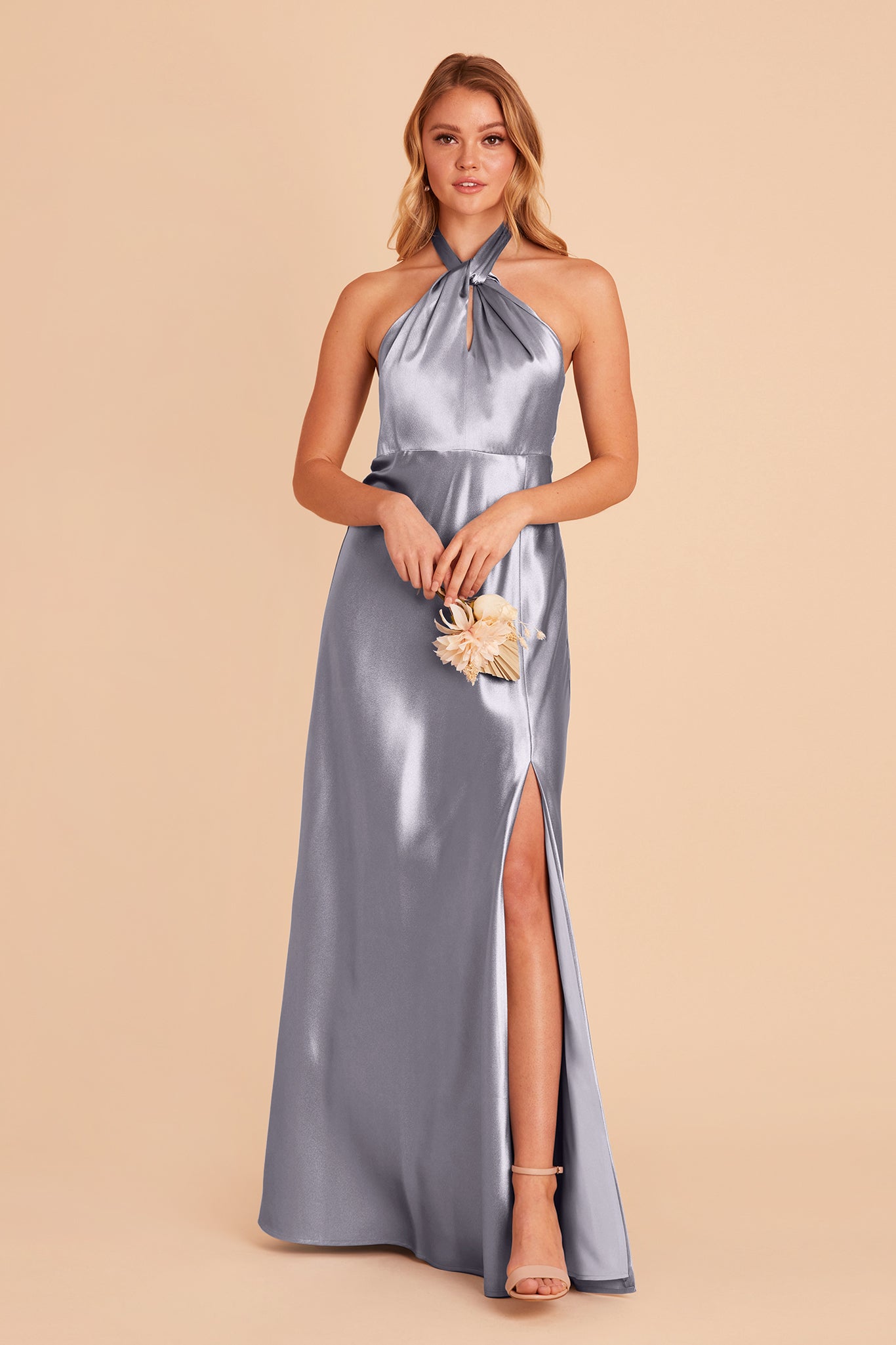 Shiny Satin Halter Dress with A-Line Skirt & Leg Slit | Monica