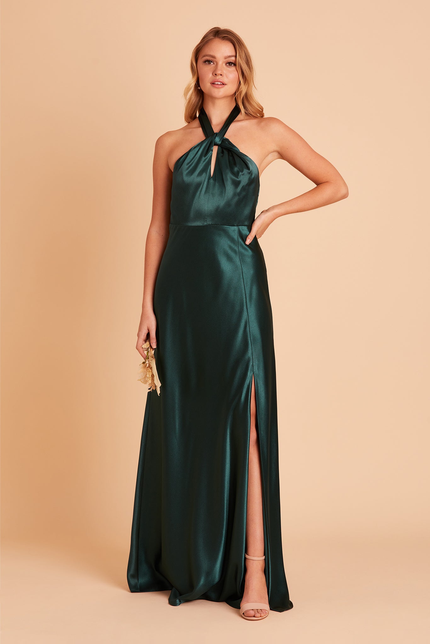 Shiny Satin Halter Dress with A-Line Skirt & Slit | Monica
