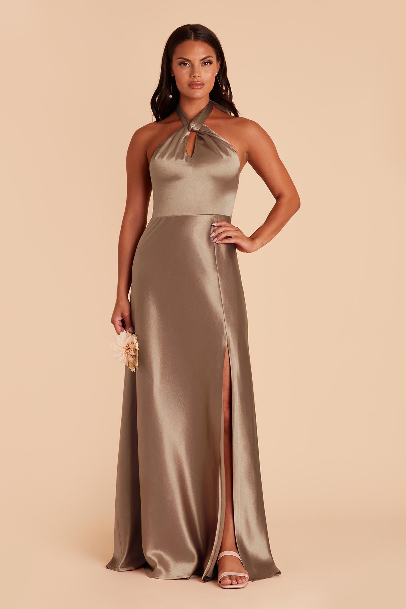 Shiny Satin Halter Dress with A-Line Skirt & Leg Slit | Monica