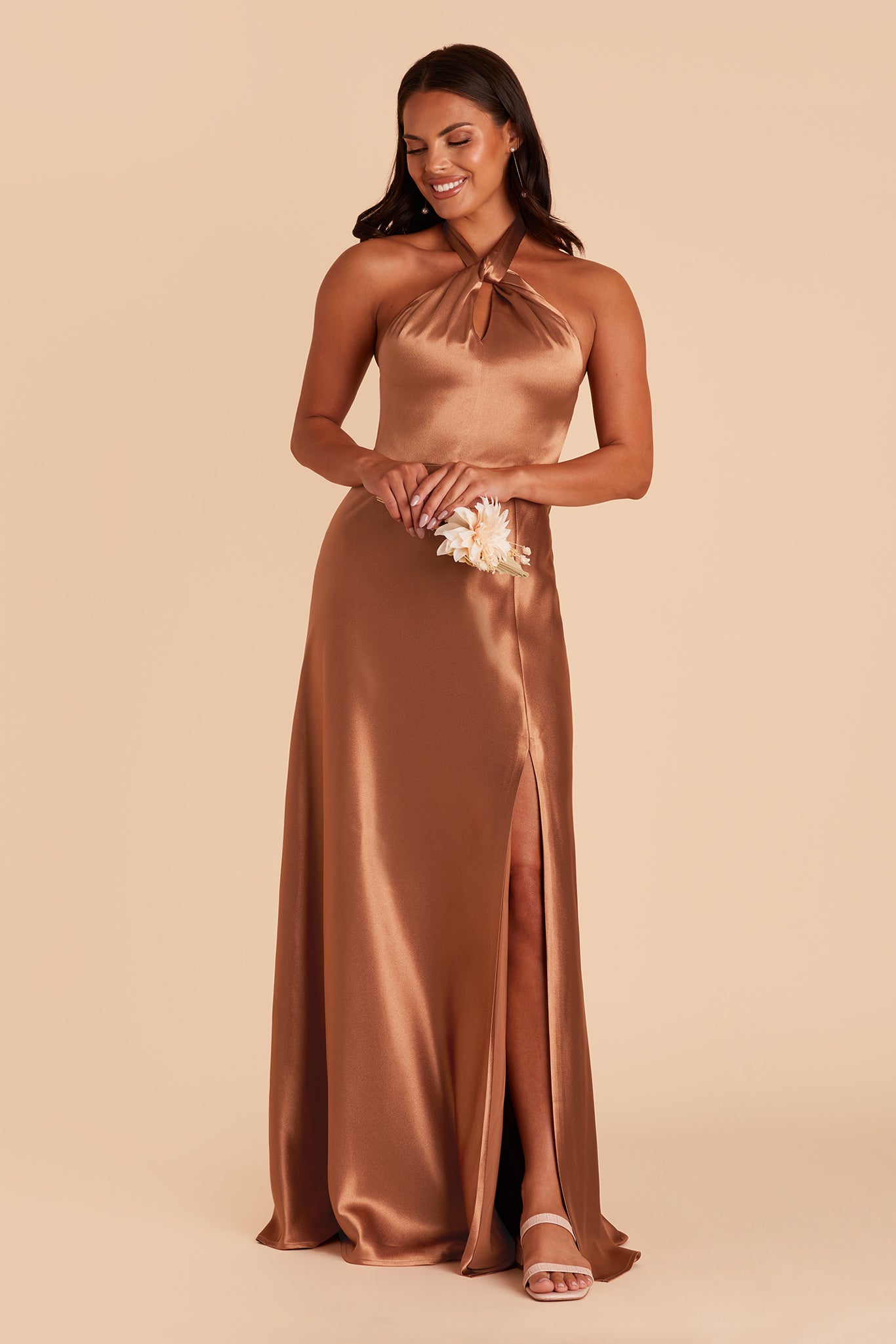 Shiny Satin Halter Dress with A-Line Skirt & Leg Slit | Monica