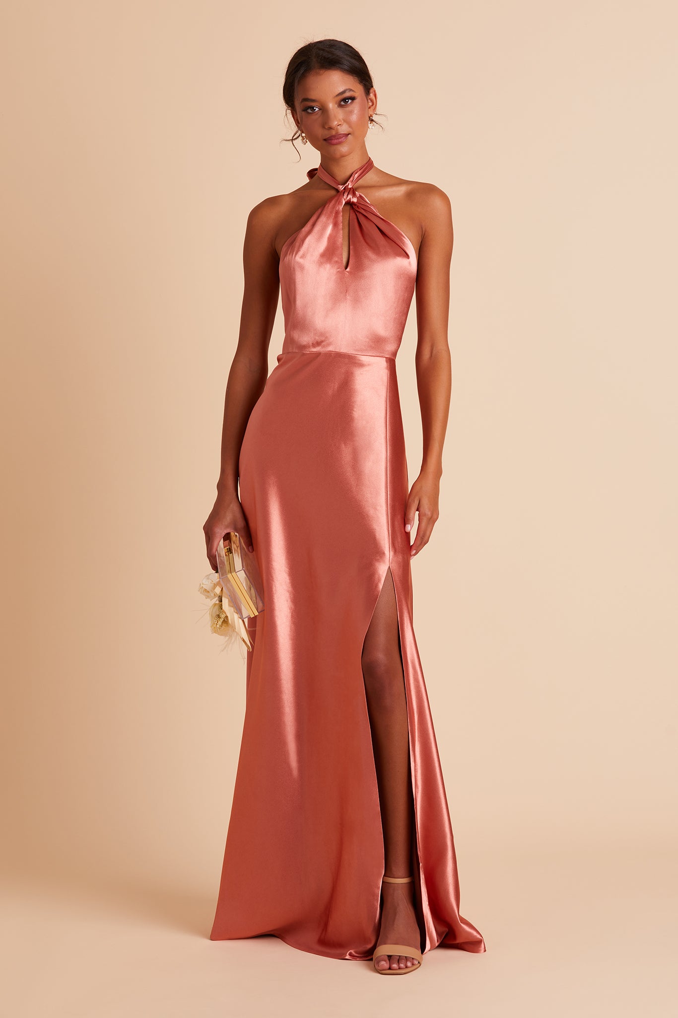 Shiny Satin Halter Dress with A-Line Skirt & Leg Slit | Monica