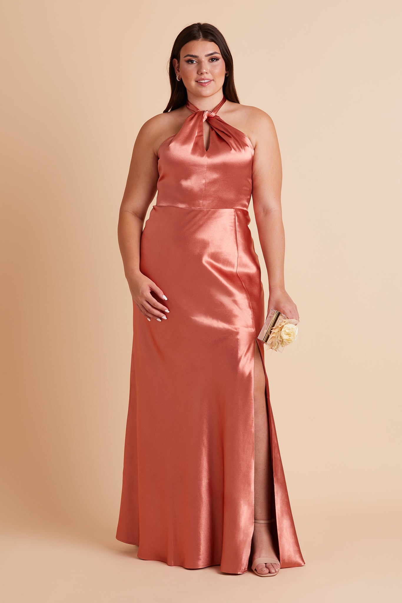 Shiny Satin Halter Dress with A-Line Skirt & Leg Slit | Monica