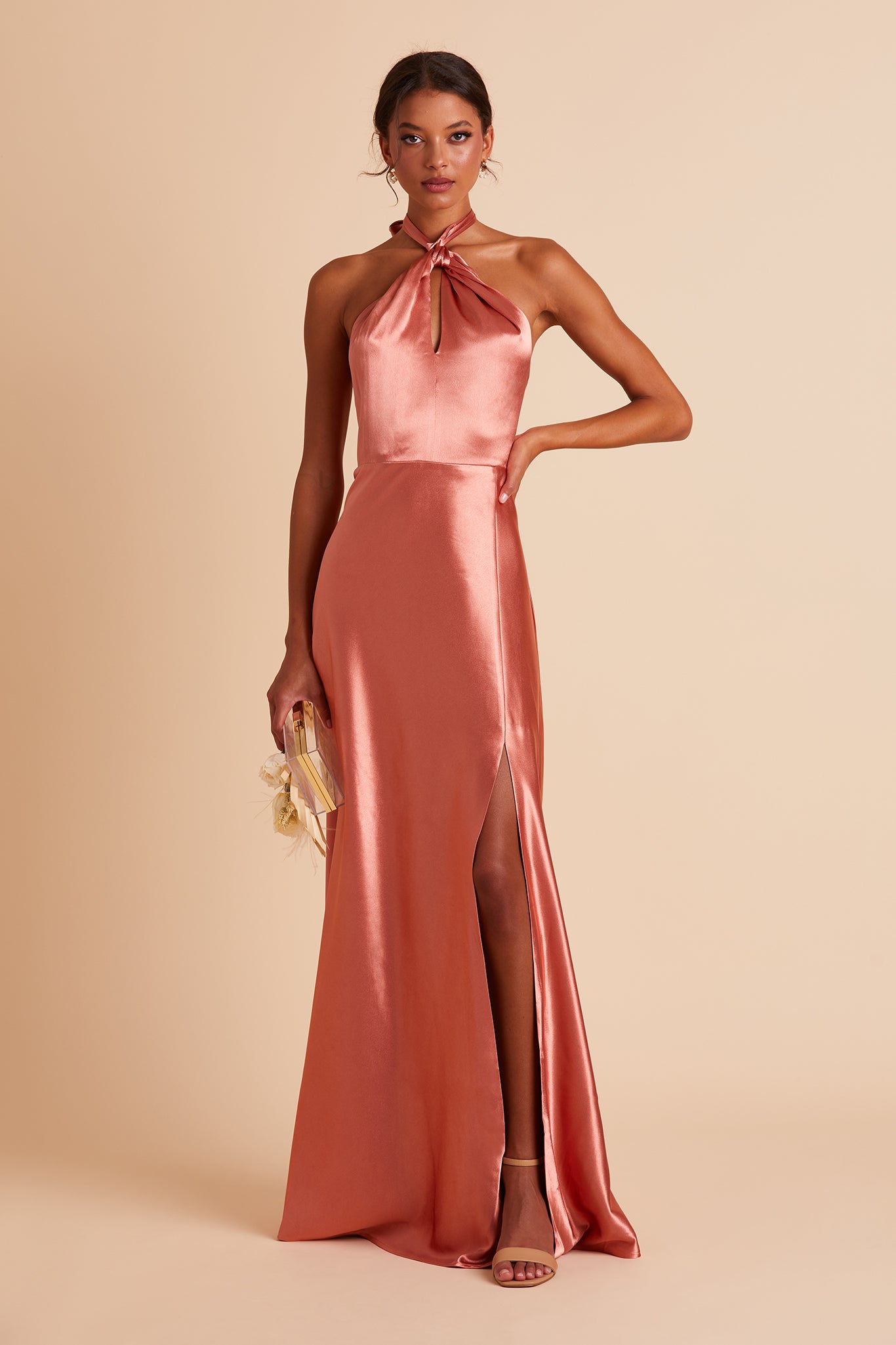 Shiny Satin Halter Dress with A-Line Skirt & Leg Slit | Monica