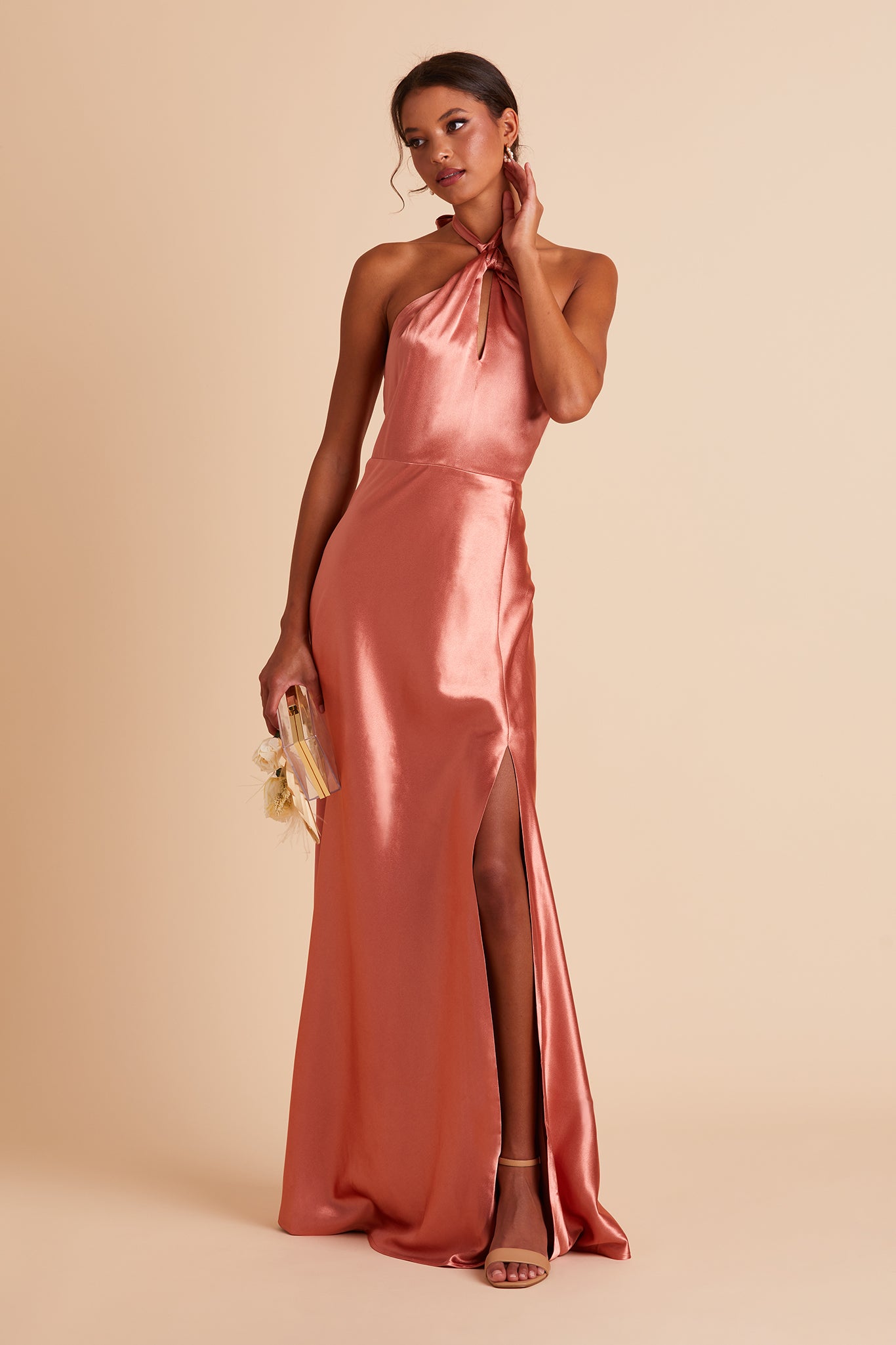 Shiny Satin Halter Dress with A-Line Skirt & Leg Slit | Monica